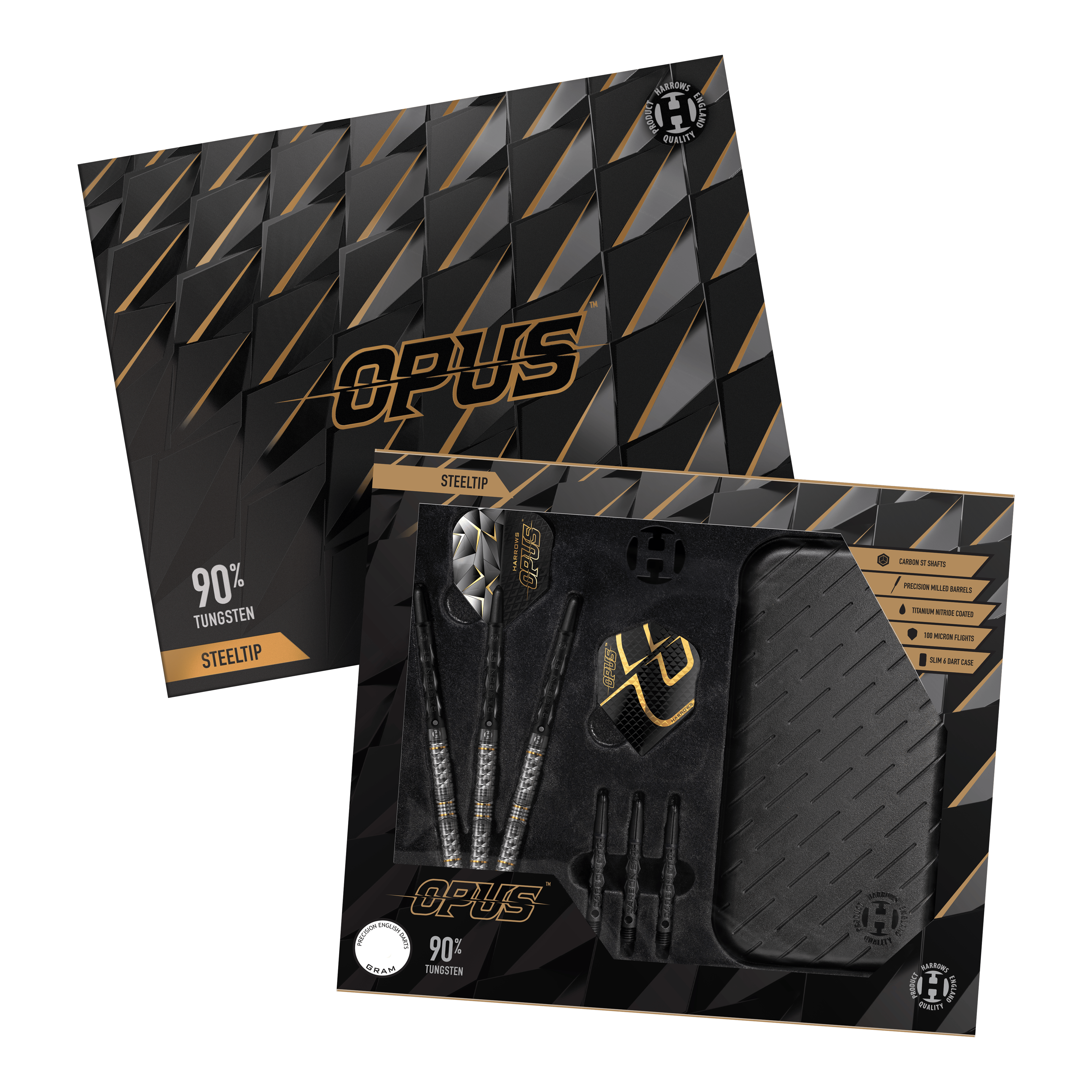 Harrows Opus Quick Point Steeldarts - 23g. Es werden drei Steeldarts mit 23 Gramm aus der Harrows Opus Reihe dargestellt.