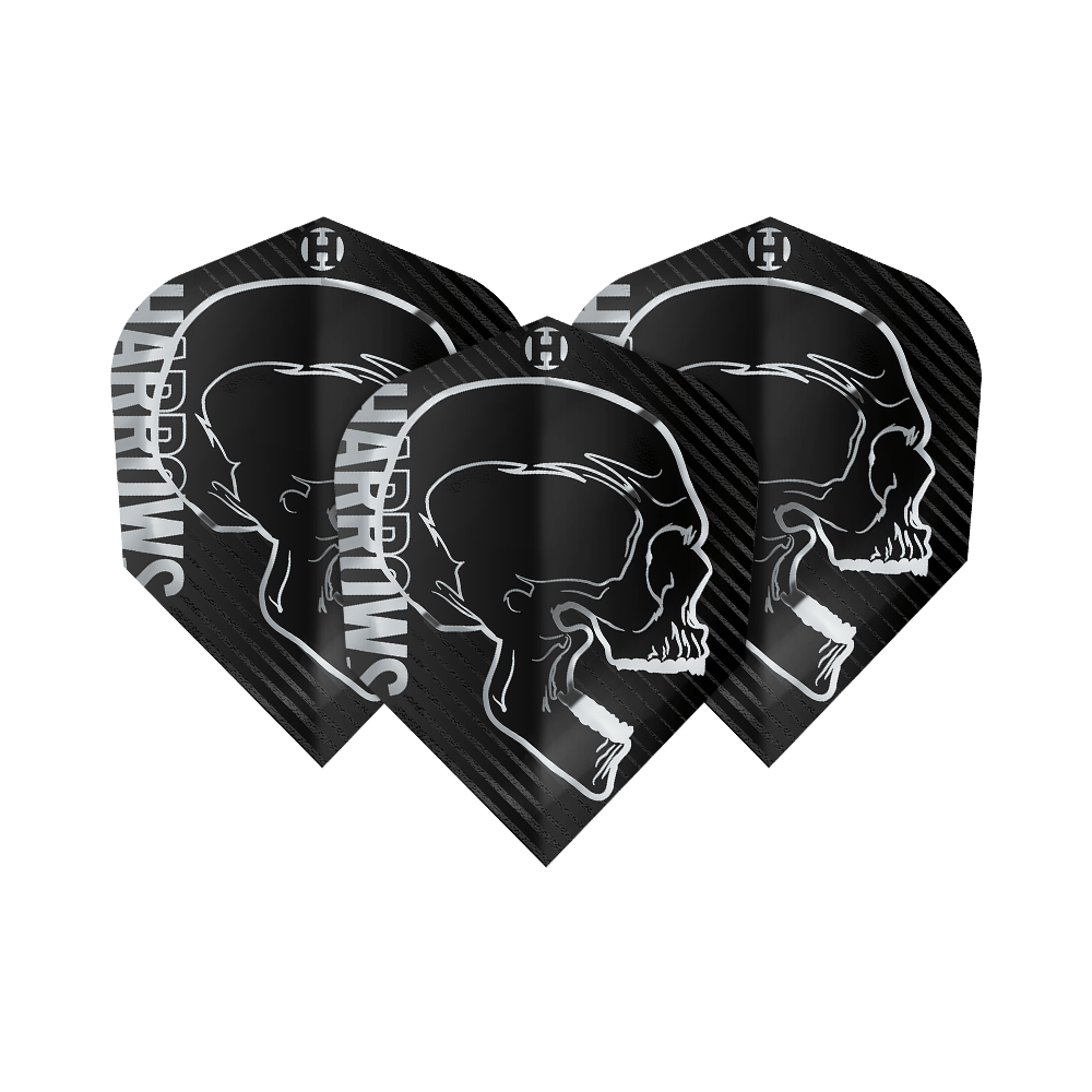 Das Bild zeigt drei schwarze Dart Flights mit einem weißen Totenkopf-Design und dem Schriftzug "Harrows". Es handelt sich um das Produkt "Harrows Rage Silver No6 Flights".