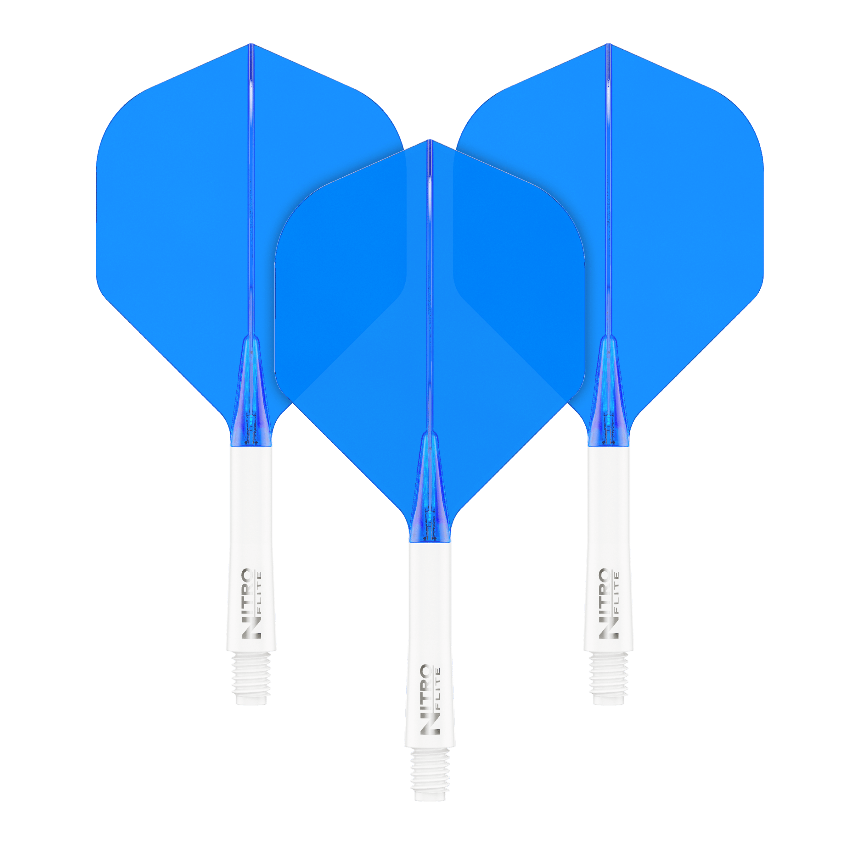 Red Dragon Nitroflite - White Shaft Blue No2 Flights Das Bild zeigt drei blaue Dart-Flights mit weißen Schäften. Sie sind nebeneinander auf schwarzem Hintergrund angeordnet.