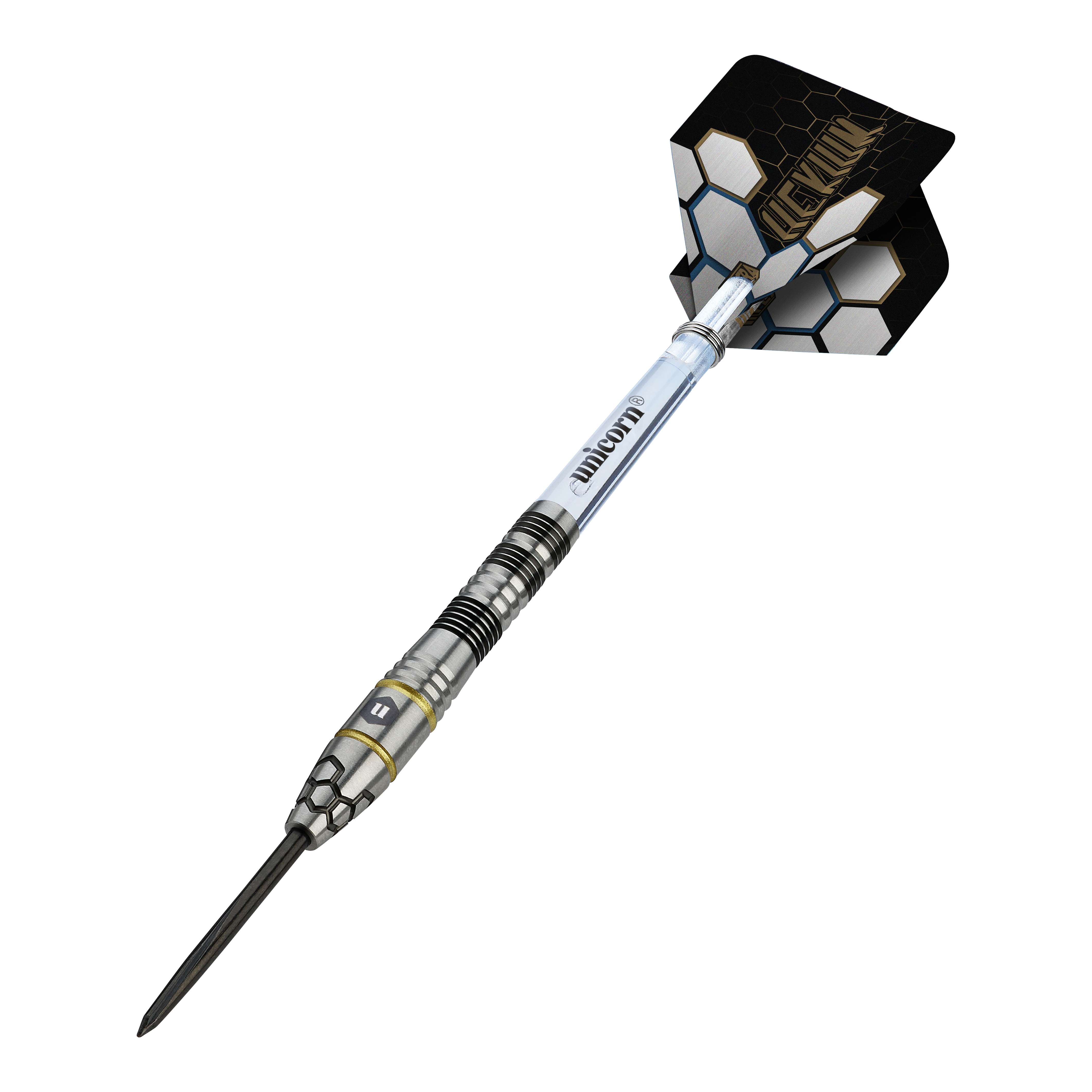 Unicorn Hexium Style 01 Black & Gold Steeldarts Hier sieht man die Unicorn Hexium Style 01 Black & Gold Steeldarts. Die Darts haben eine Kombination aus schwarzen und goldenen Elementen.