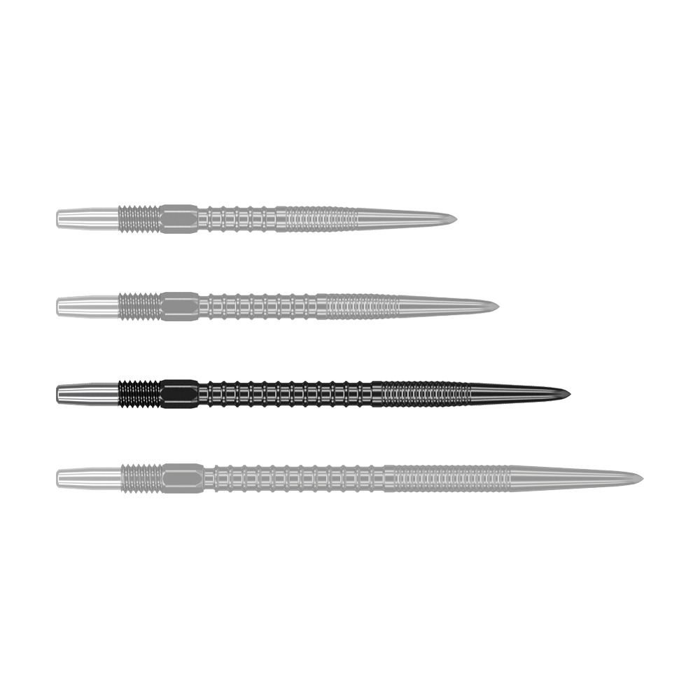 Auf dem Bild sind vier schwarze Dartspitzen nebeneinander zu sehen. Sie haben ein geriffeltes Design und sehen identisch aus.