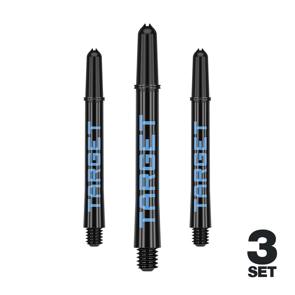 Target Pro Grip TAG Shafts - 3 Sets - Schwarz Blau Das Bild zeigt drei schwarze Dartschäfte mit blauer "TARGET"-Aufschrift. In der rechten unteren Ecke steht "3 SET".