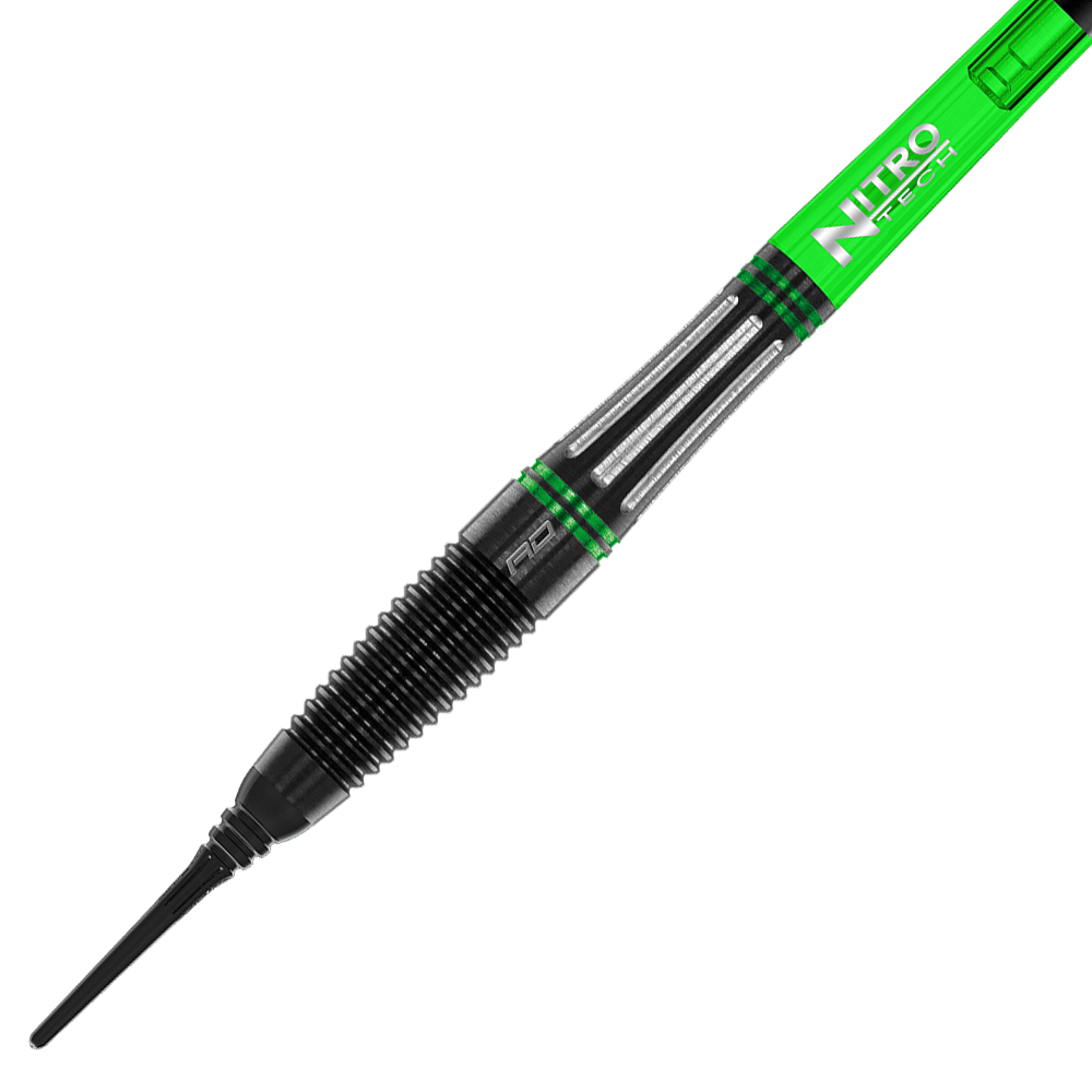 Das Bild zeigt einen Red Dragon Slipstream Softdart mit einem Gewicht von 20g. Der Dart hat ein modernes Design mit schwarzen und grünen Akzenten.