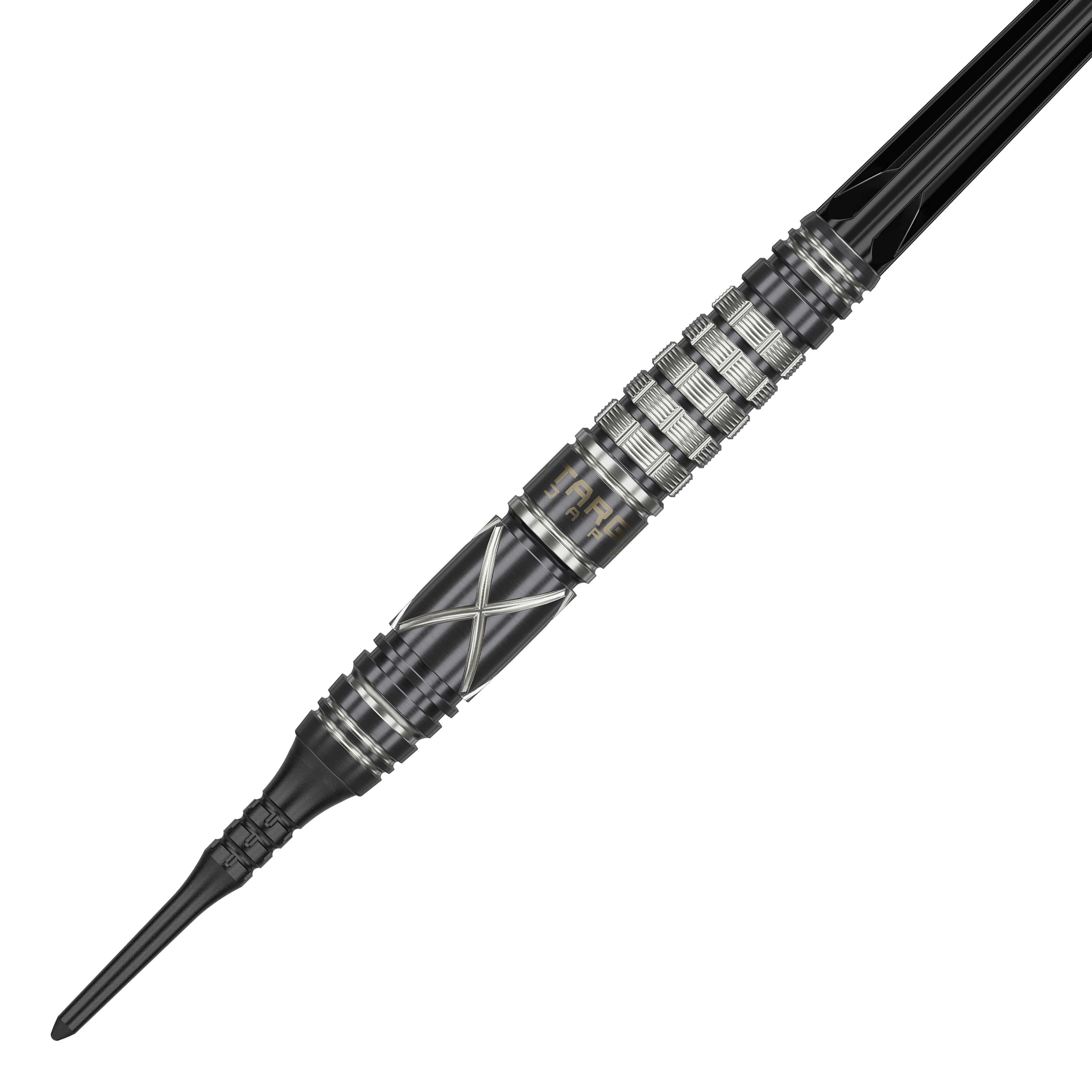 Target Japan Black Marque Chaos 2 Softdarts - 19g Auf dem Bild ist ein Softdart der Marke "Target Japan Black Marque Chaos 2" mit 19g Gewicht zu sehen. Der Dartpfeil hat ein schwarzes Design mit silbernen Akzenten und einer geriffelten Griffzone.