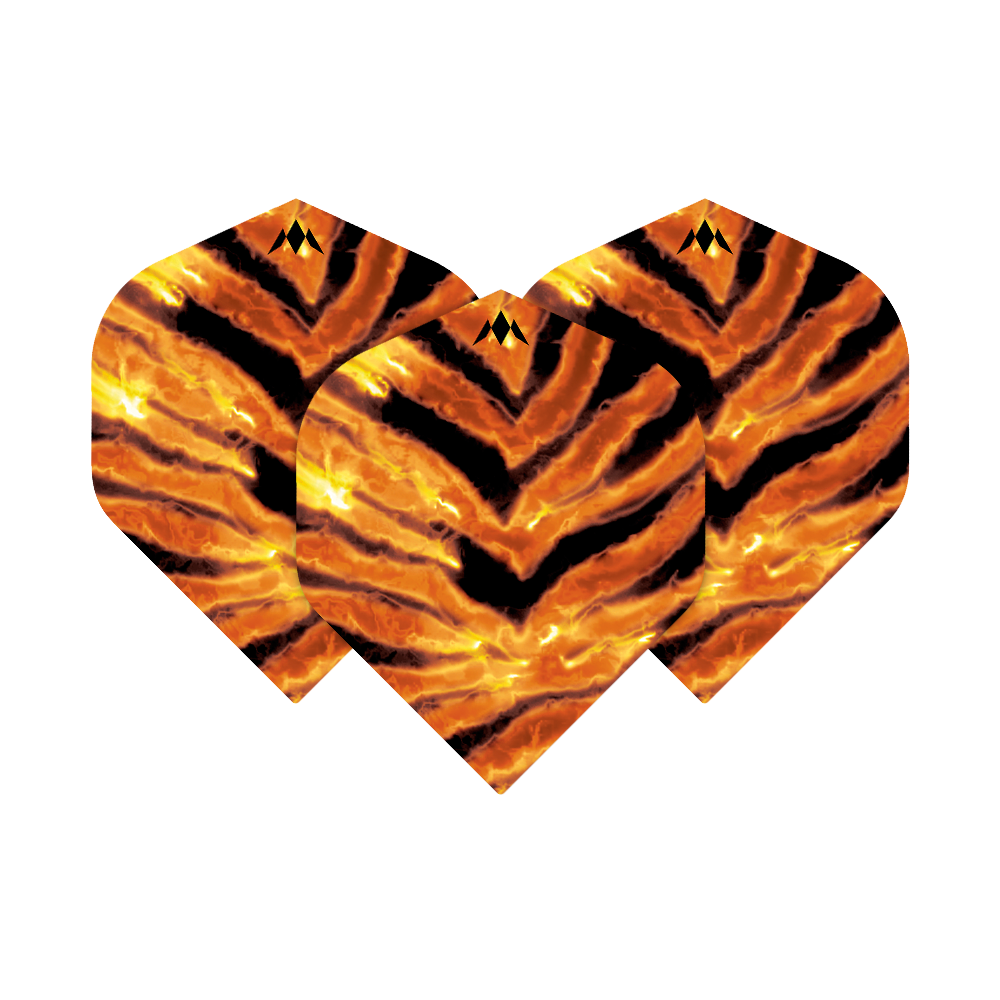Das Bild zeigt drei Dartflights mit einem auffälligen Tigerstreifen-Design in Orange und Schwarz. Es handelt sich um das Produkt "Mission Solo Javan No2 Standard Flights".