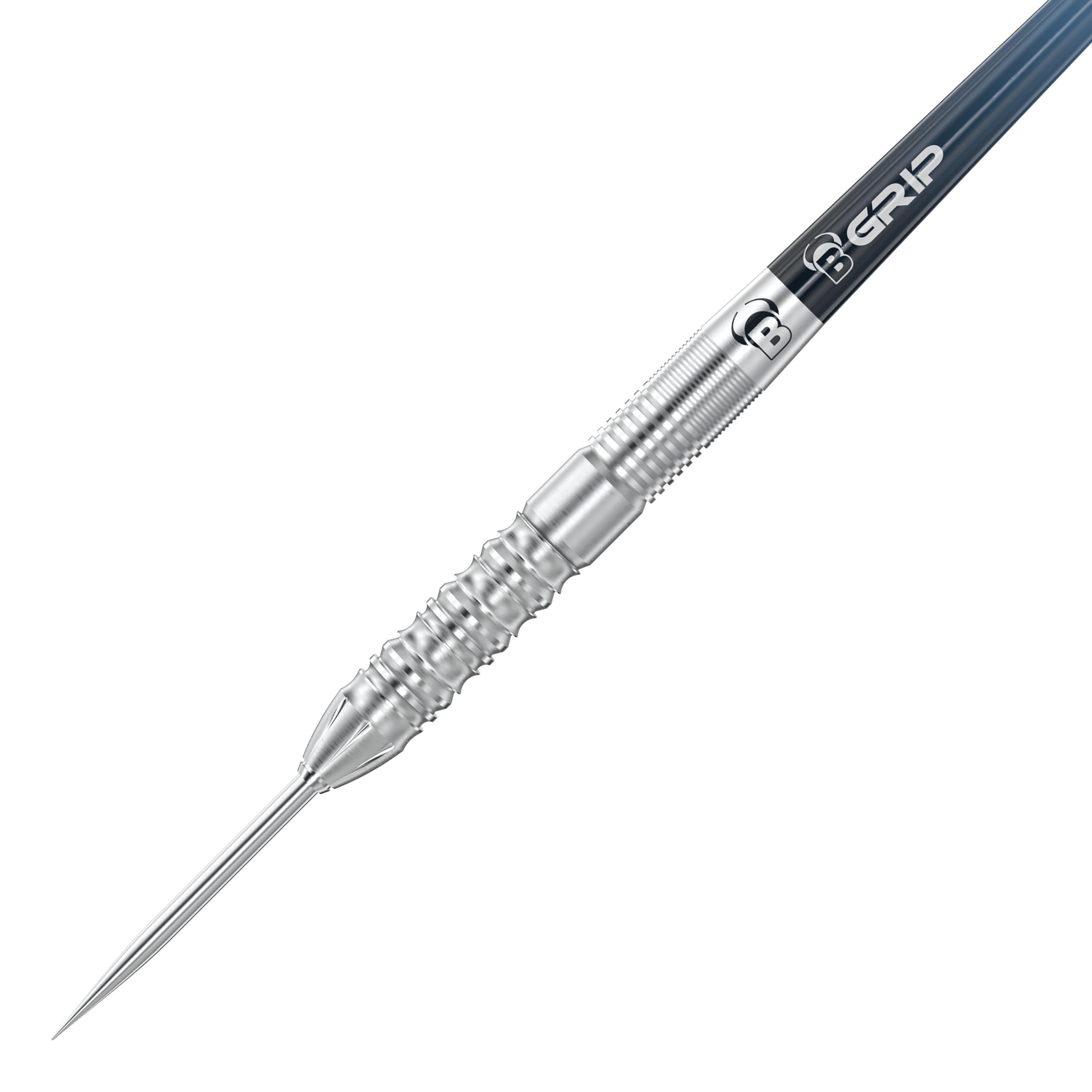 Bulls Stone S2 Steeldarts Das Bild zeigt einen Bulls Stone S2 Steeldart. Der Dart besteht aus silbernem Metall mit einer geriffelten Griffzone für besseren Halt.