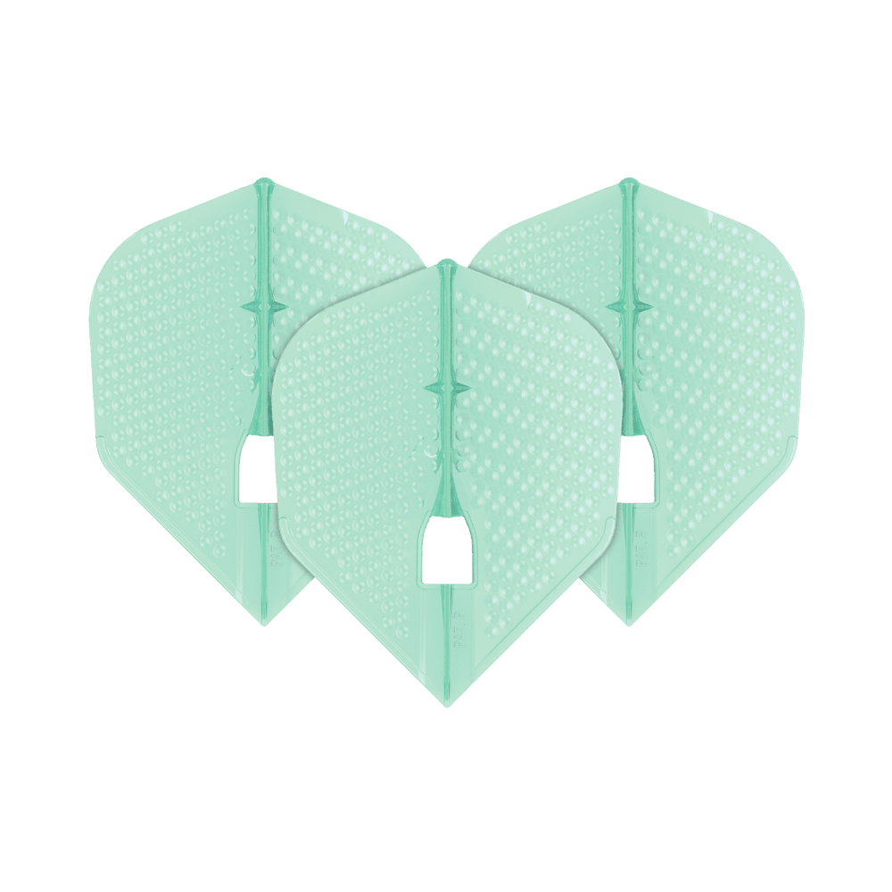 Das Bild zeigt drei mintgrüne Dart-Flights mit einer Dimple-Oberfläche. Sie haben die charakteristische Form des L-Style Flights Dimple Champagne L3PRO Shape.