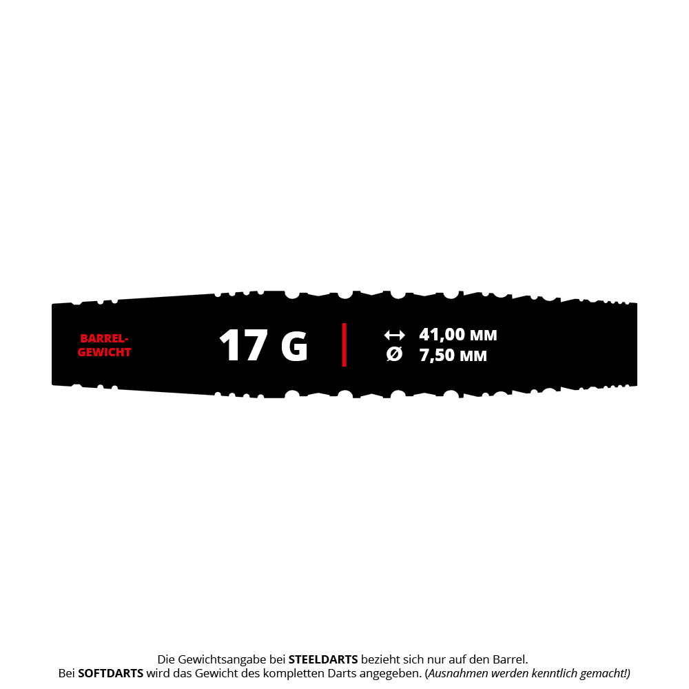 Das Bild zeigt die Produktinformationen der "Target Japan Black Marque Dancing Duck GEN 4 Softdarts - 17g". Das Barrelgewicht beträgt 17 Gramm, die Länge 41,00 mm und der Durchmesser 7,50 mm.