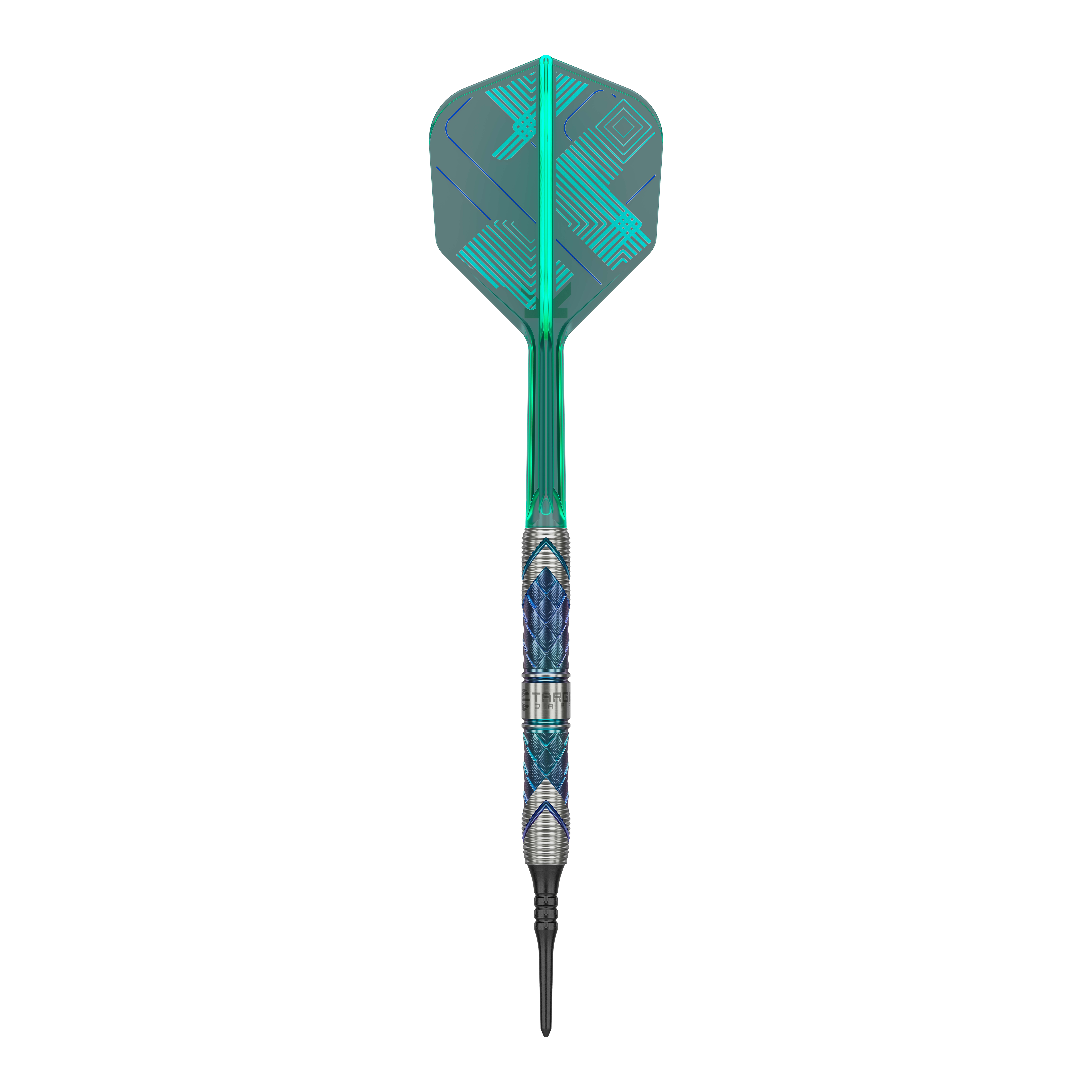 Target Japan Kaze Series Ceros 03 Softdarts - 19g Das Bild zeigt einen Target Japan Kaze Series Ceros 03 Softdart mit einem Gewicht von 19 Gramm. Der Dart hat ein auffälliges Design mit blauen und silbernen Mustern sowie einer grünen Flight.