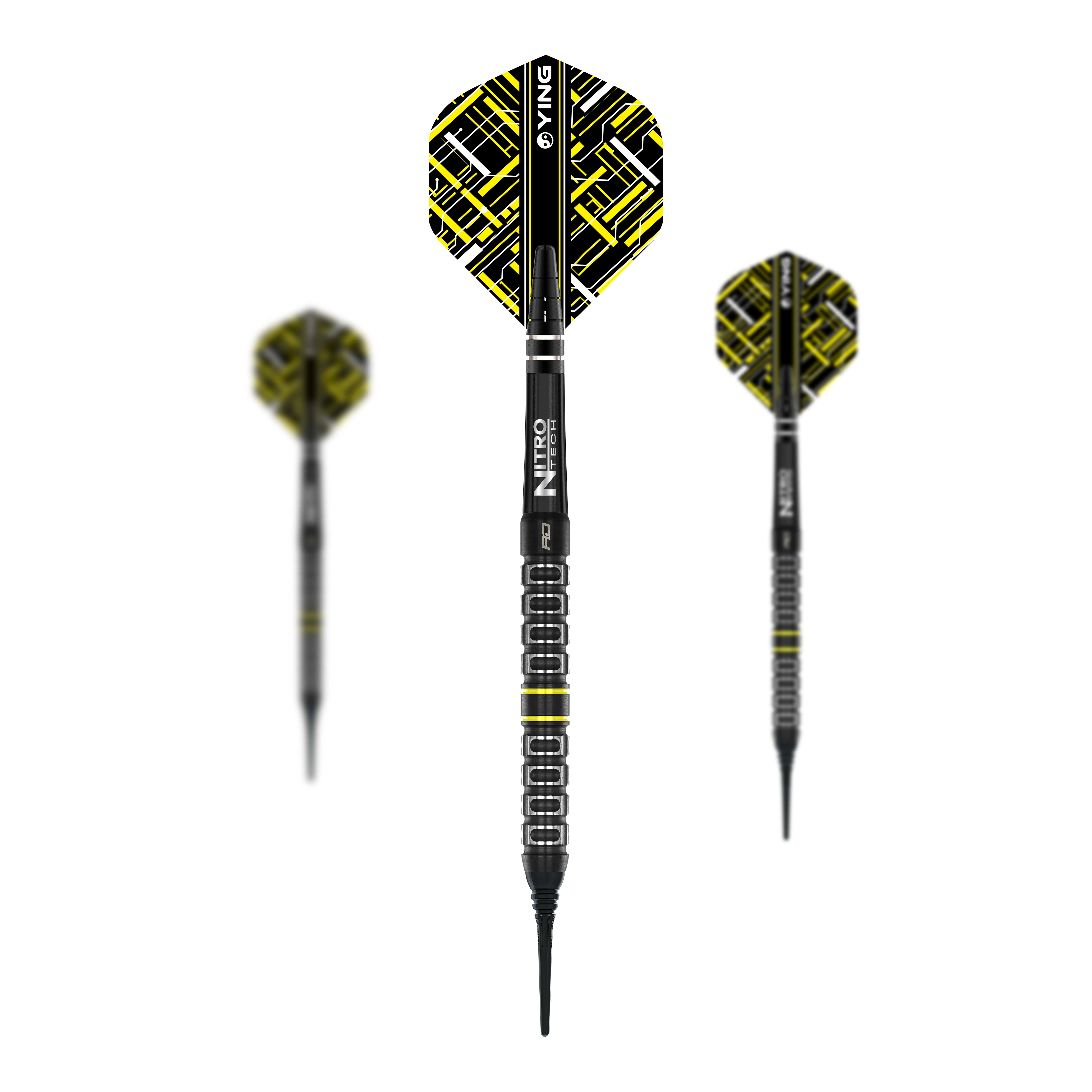 Das Bild zeigt drei Softdarts des Modells "Red Dragon Astraeus Q4X Parallel" mit einem Gewicht von 20g. Die Darts haben ein auffälliges schwarz-gelbes Design mit geometrischem Muster auf den Flights.