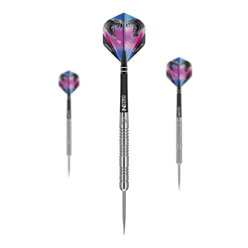 Red Dragon Peter Wright Snakebite Euro 11 Steeldarts Das Bild zeigt drei Steeldarts des Modells "Red Dragon Peter Wright Snakebite Euro 11". Die Flights der Darts sind farbenfroh gestaltet und zeigen zwei Schlangen.