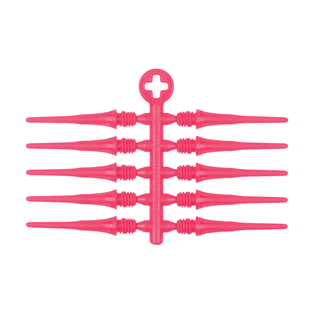 Das Bild zeigt einige pinke Dartspitzen, die an einem Kunststoffträger befestigt sind. Es handelt sich um das Produkt "Cosmo Fit Point Plus 2BA Spitzen 25mm (50er Pack)".