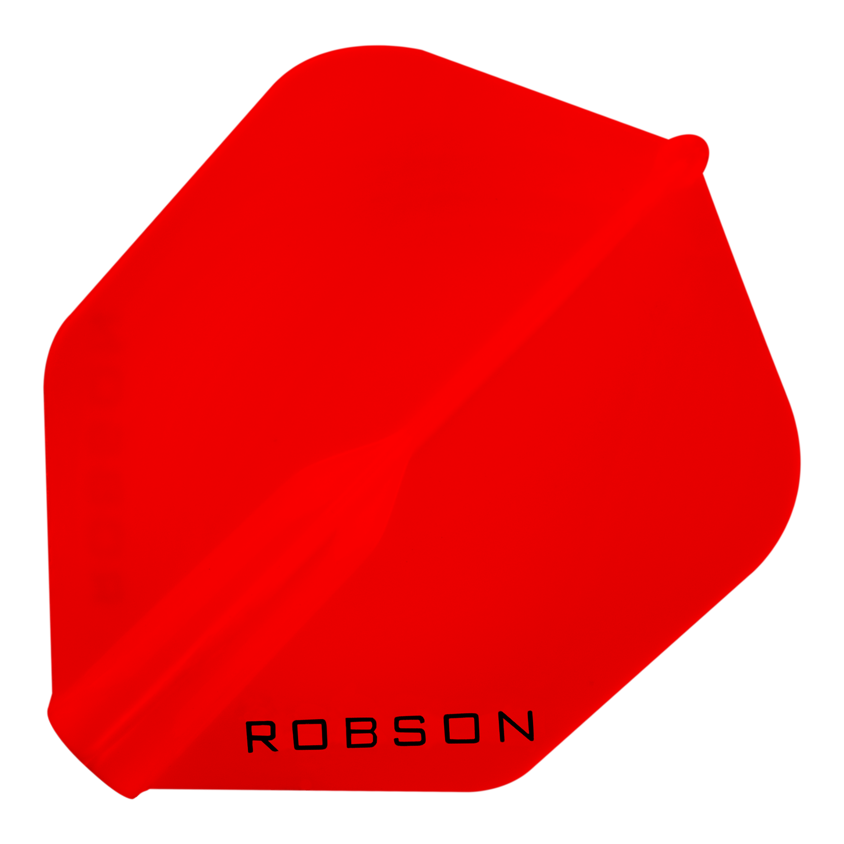 Das Bild zeigt einen roten Dart-Flight mit der Aufschrift "ROBSON". Der Flight hat eine sechseckige Form.