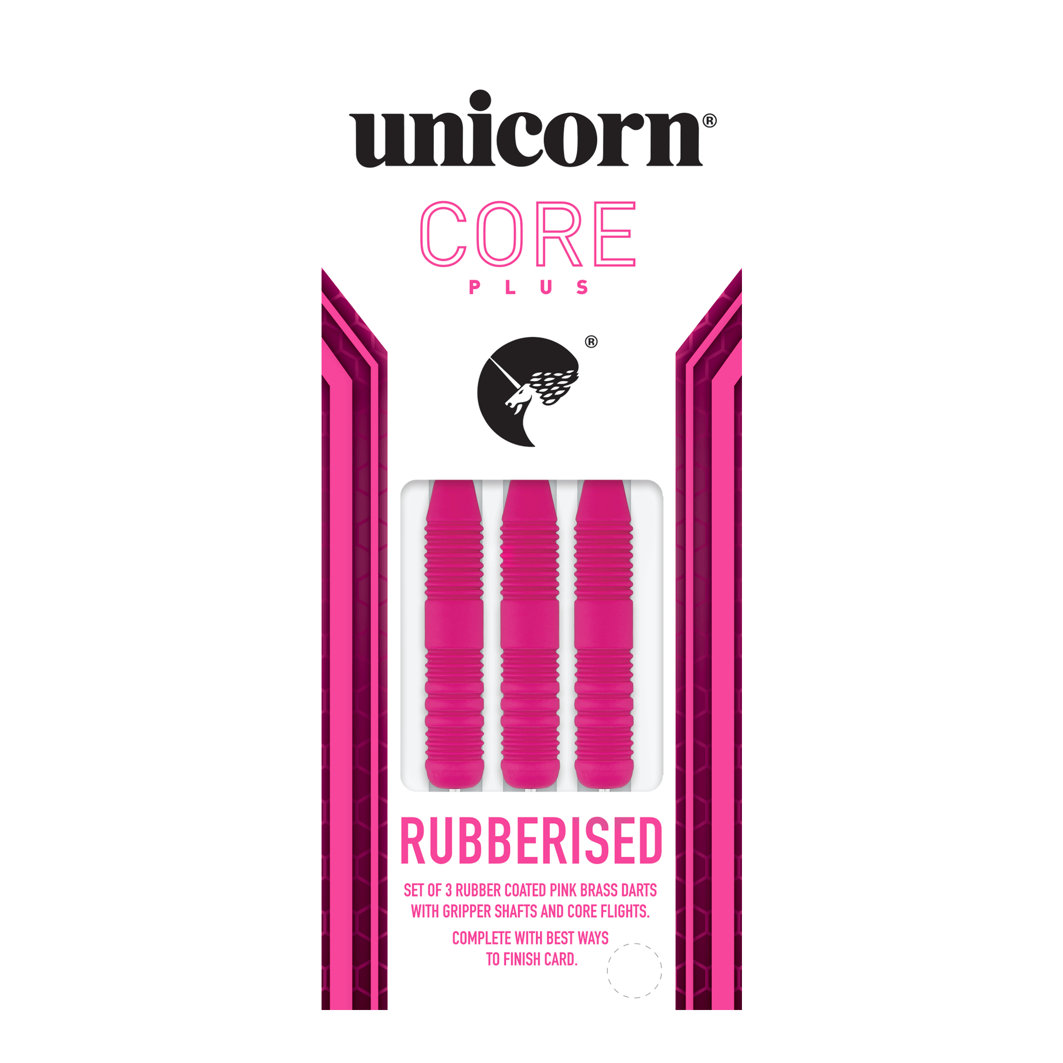 Das Bild zeigt eine Packung mit drei pinken, gummierten Steeldarts der Marke Unicorn Core Plus. Die Darts haben geriffelte Griffe und werden in einer weiß-pinken Verpackung präsentiert.