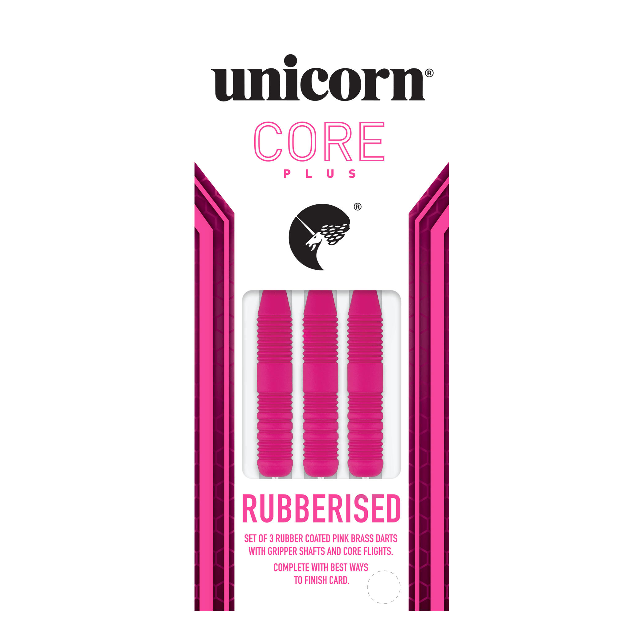 Unicorn Core Plus Rubberised Pink Steeldarts Das Bild zeigt eine Packung mit drei pinken, gummierten Steeldarts der Marke Unicorn Core Plus. Die Darts haben geriffelte Griffe und werden in einer weiß-pinken Verpackung präsentiert.