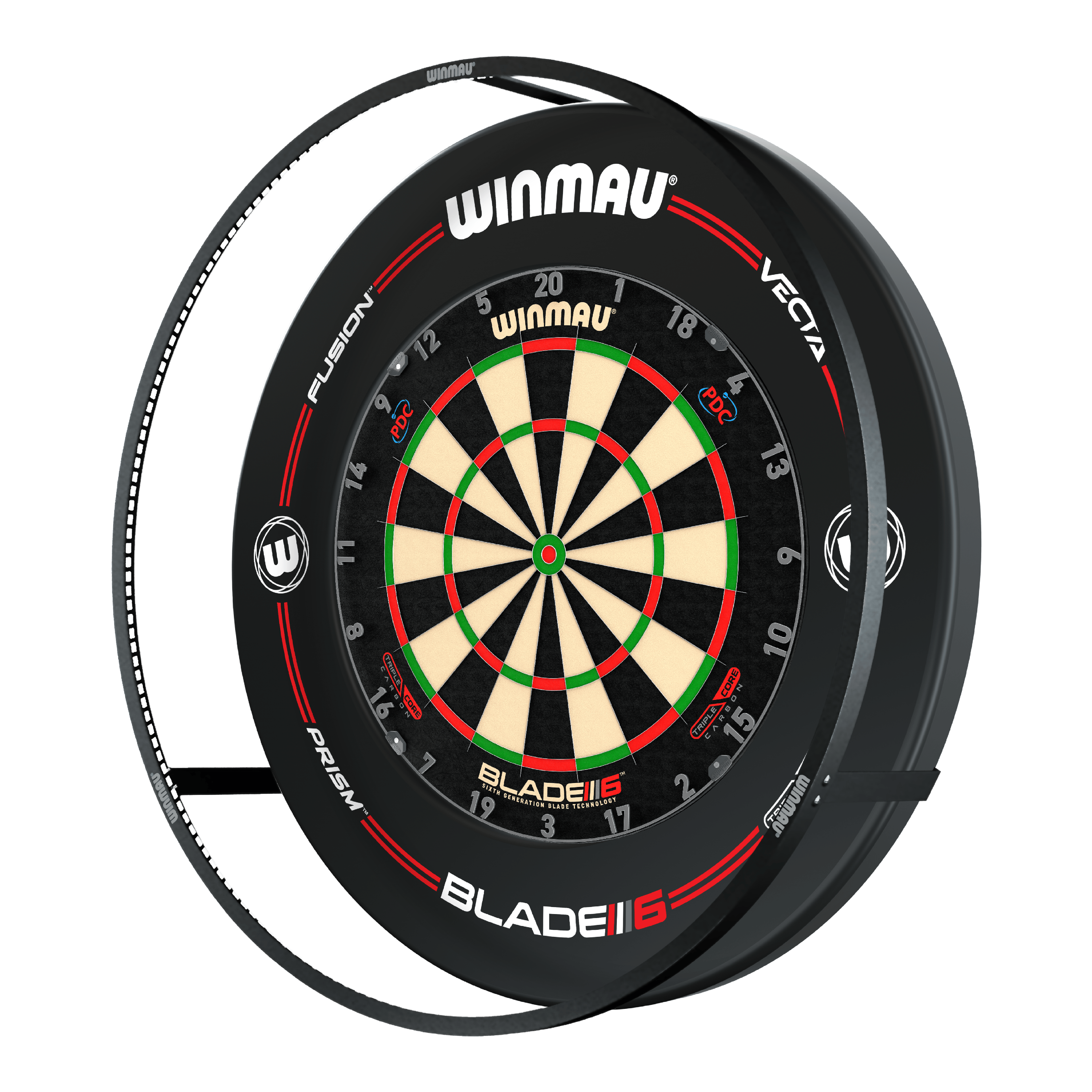 BUNDLE Winmau Plasma LED Beleuchtung und Surround Das Bild zeigt das 'Winmau Plasma LED Beleuchtung und Surround Bundle' mit einer Dartscheibe. Um die Scheibe herum befindet sich eine LED-Beleuchtung und ein schwarzer Schutzring.