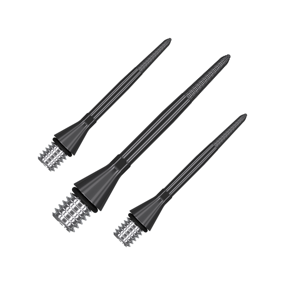 Das Bild zeigt drei schwarze Dartspitzen mit Metallgewinde. Sie sind schlank und haben eine geriffelte Spitze für besseren Halt.