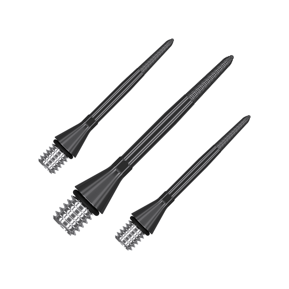 380161_Target_Titanium_Swiss_Point_Nano_Conversion_Points_Schwarz_30mm_1 Das Bild zeigt drei schwarze Dartspitzen mit Metallgewinde. Sie sind schlank und haben eine geriffelte Spitze für besseren Halt.