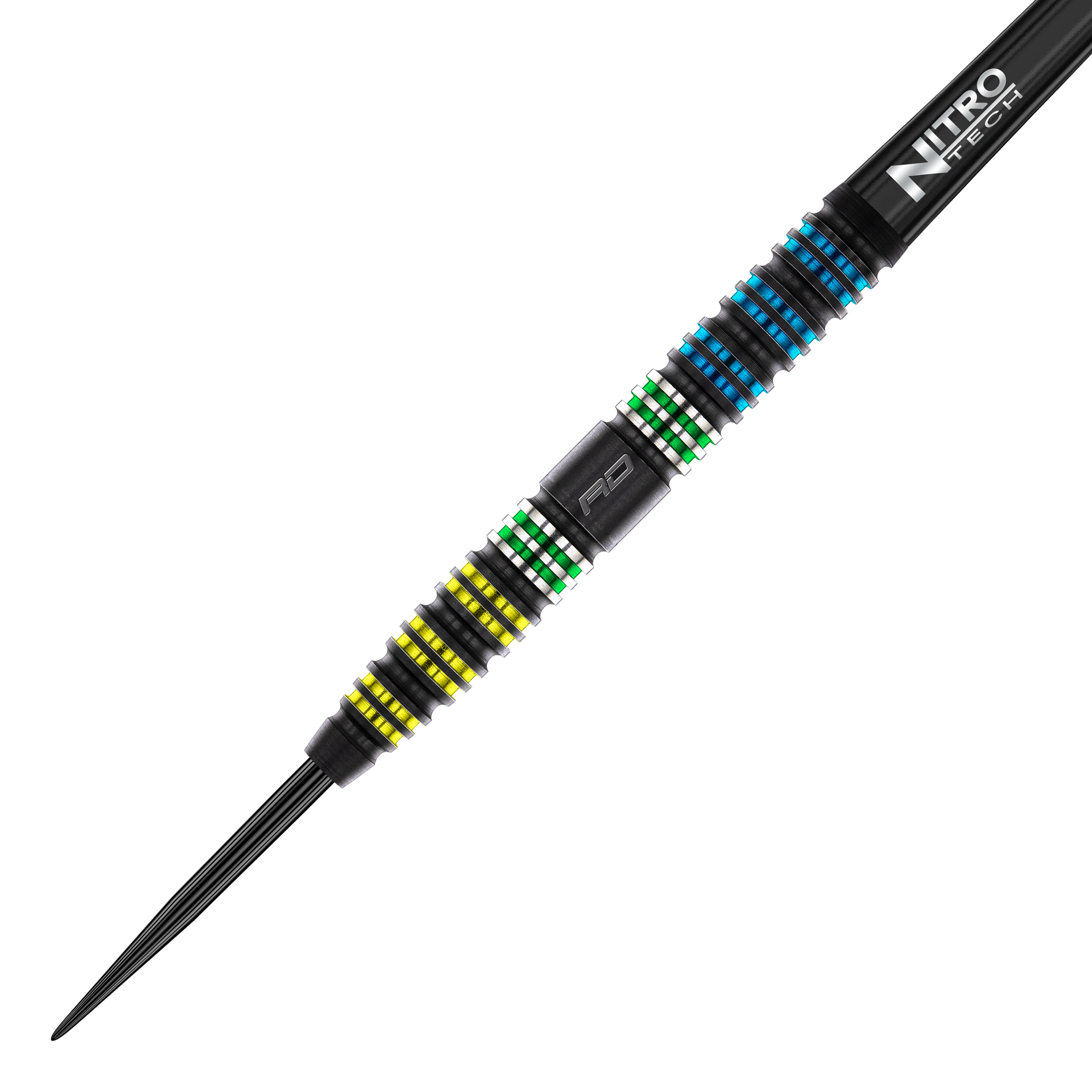 Red Dragon Dragonfly 95 Black Tapered Steeldarts Das Bild zeigt den Red Dragon Dragonfly 95 Black Tapered Steeldart. Der Dart hat farbige Ringe in Gelb, Grün und Blau sowie einen schwarzen Schaft mit der Aufschrift "Nitro Tech".