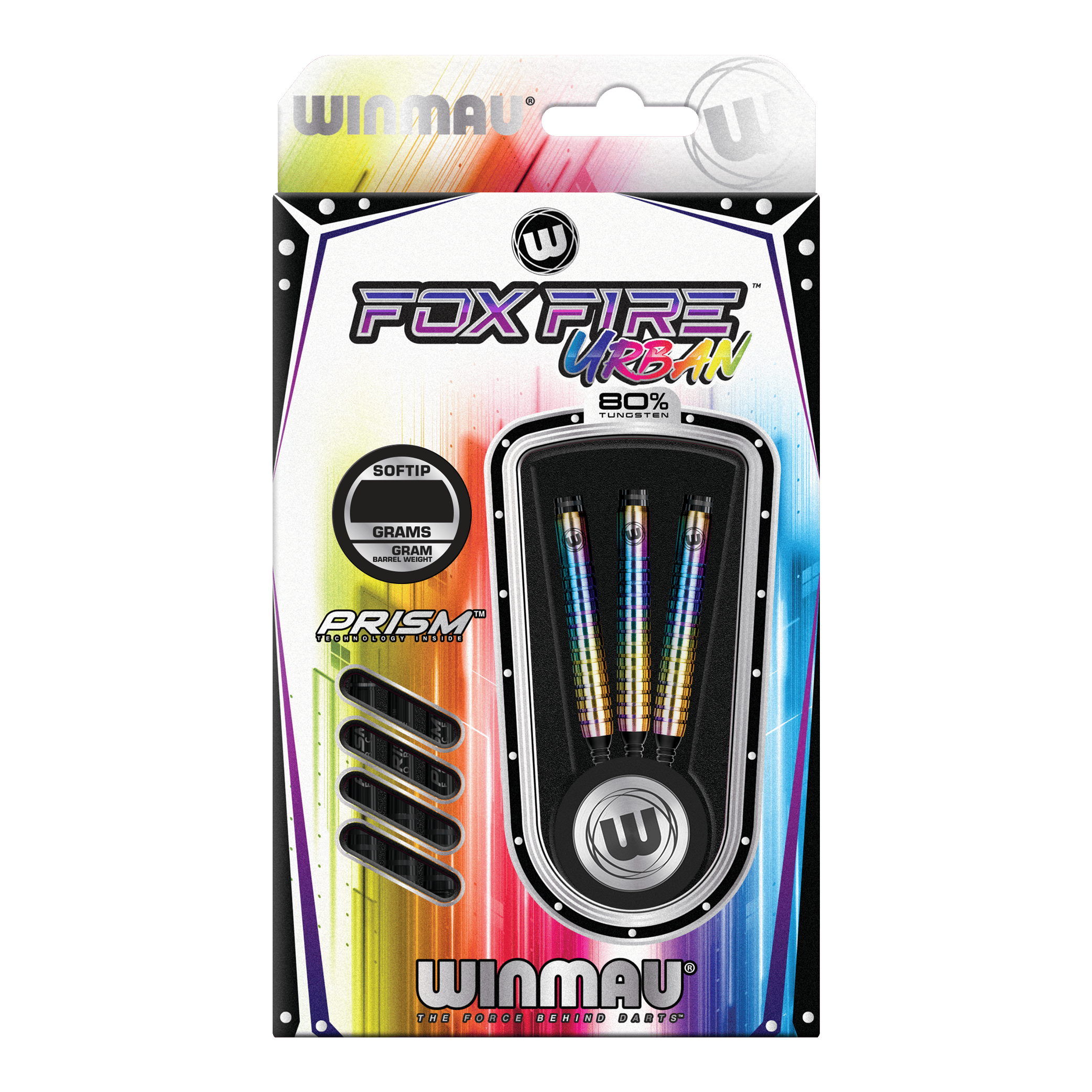 Winmau Foxfire Urban Softdarts - 20g Das Bild zeigt die Winmau Foxfire Urban Softdarts mit einem Gewicht von 20 Gramm. Die Verpackung ist bunt gestaltet und enthält drei Darts mit Regenbogen-Design.