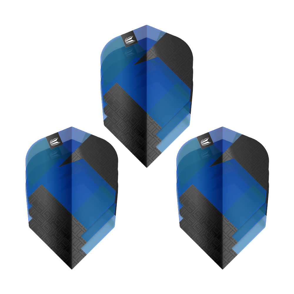 Das Bild zeigt drei Sets von Target Pro Ultra TAG Blau No6 Standard Flights. Die Flights sind überwiegend blau und schwarz gestaltet.