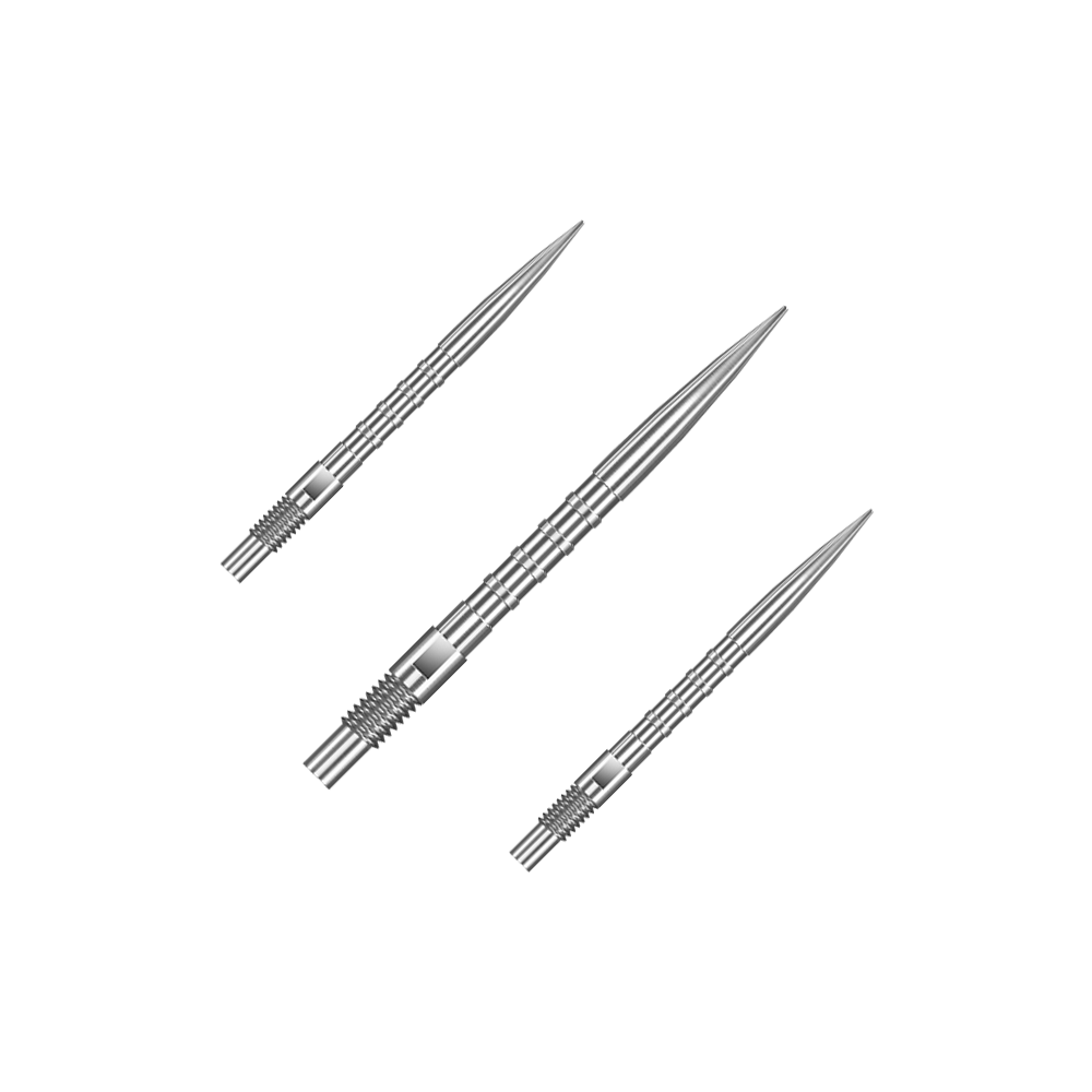 Harrows Quick Point Heavy Metal Dartspitzen - Silber Das Bild zeigt ein Set von Harrows Quick Point Heavy Metal Grip Dartspitzen in Silber mit 26mm Länge. Es sind mehrere Dartspitzen auf dem Bild abgebildet.