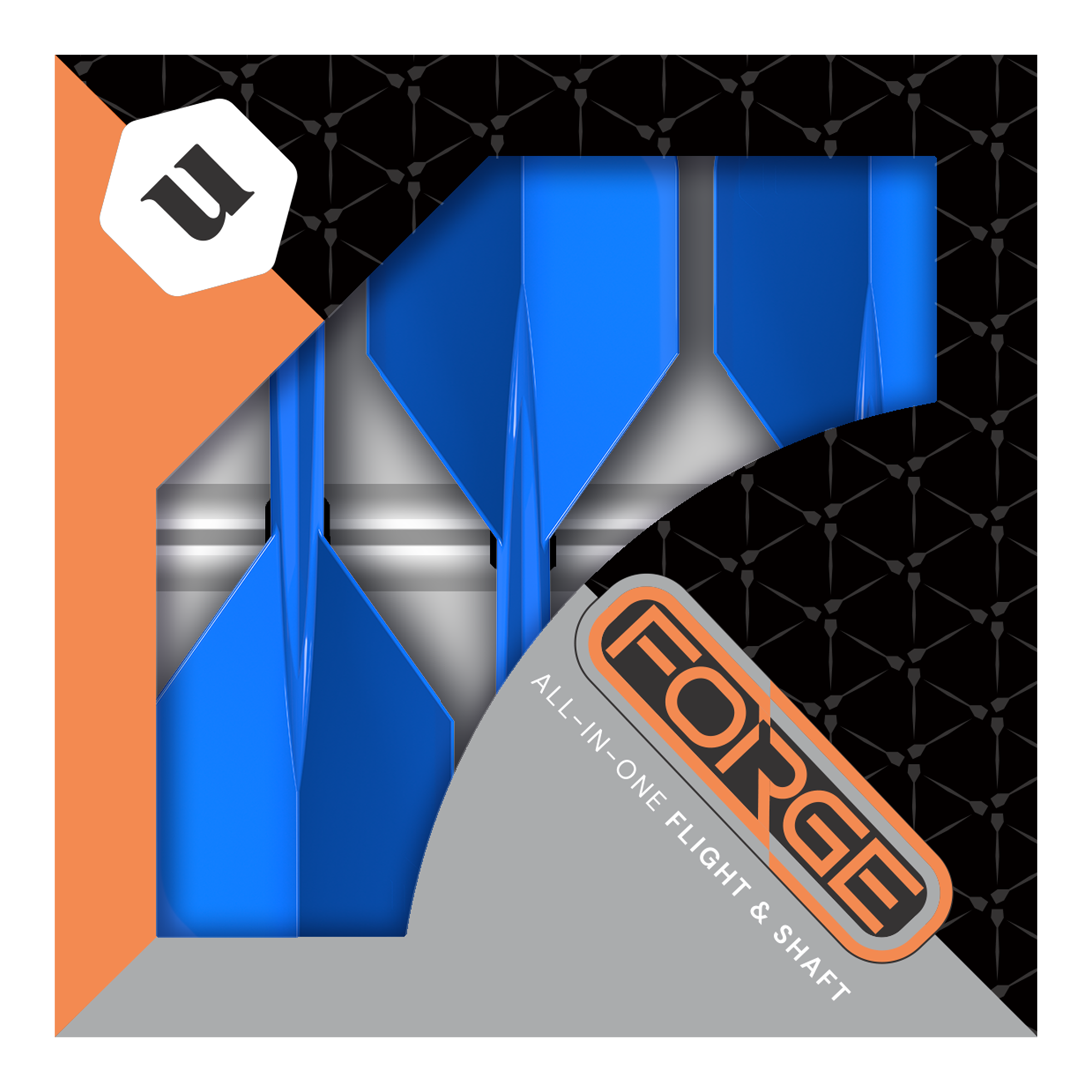 Unicorn Forge All In One Plus No2 Standard Flights Blau - Medium Dies ist eine Verpackung der „Unicorn Forge All In One Plus No2 Standard Flights Blau - Medium“. In der Schachtel befinden sich blaue Dart-Flights mit integriertem Schaft.