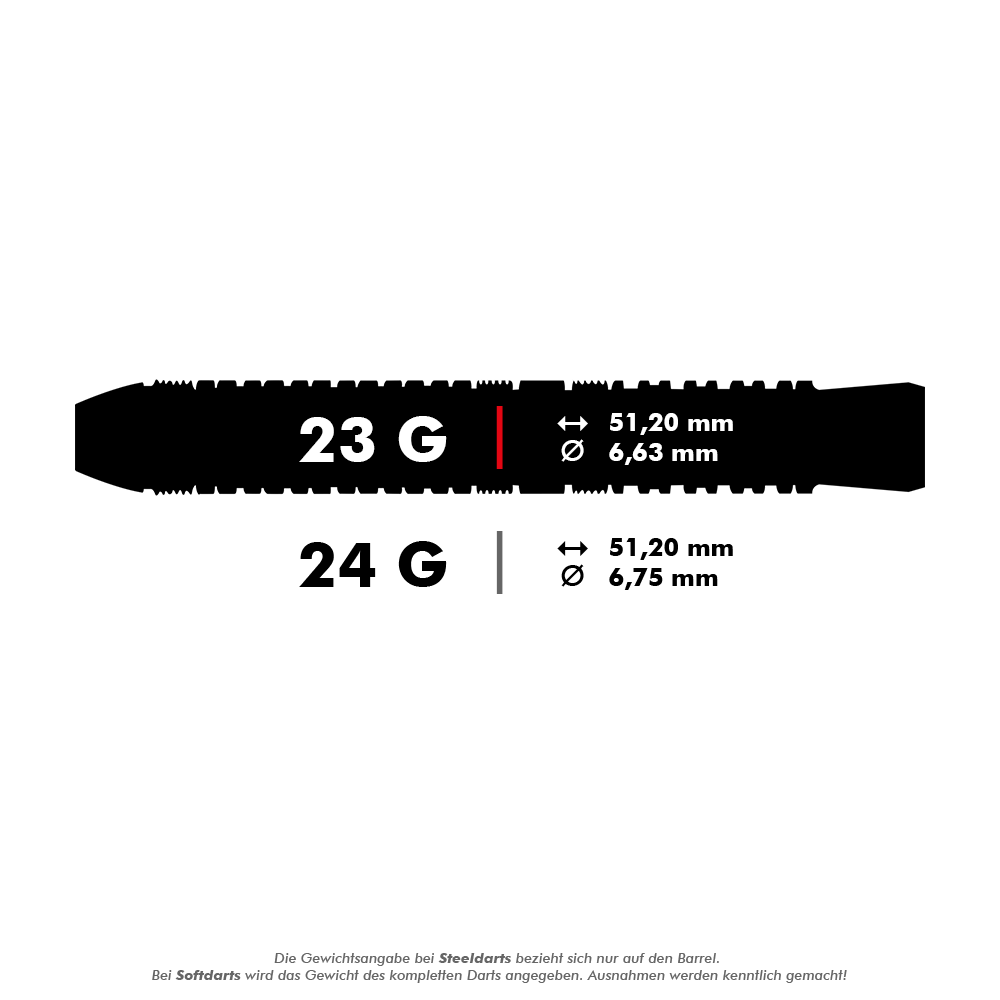 Bulls NL Luna Neoma Steeldarts Das Bild zeigt die technischen Daten von Steeldarts mit 23 g und 24 g Gewicht. Die Länge beträgt jeweils 51,20 mm, der Durchmesser ist 6,63 mm bei 23 g und 6,75 mm bei 24 g.