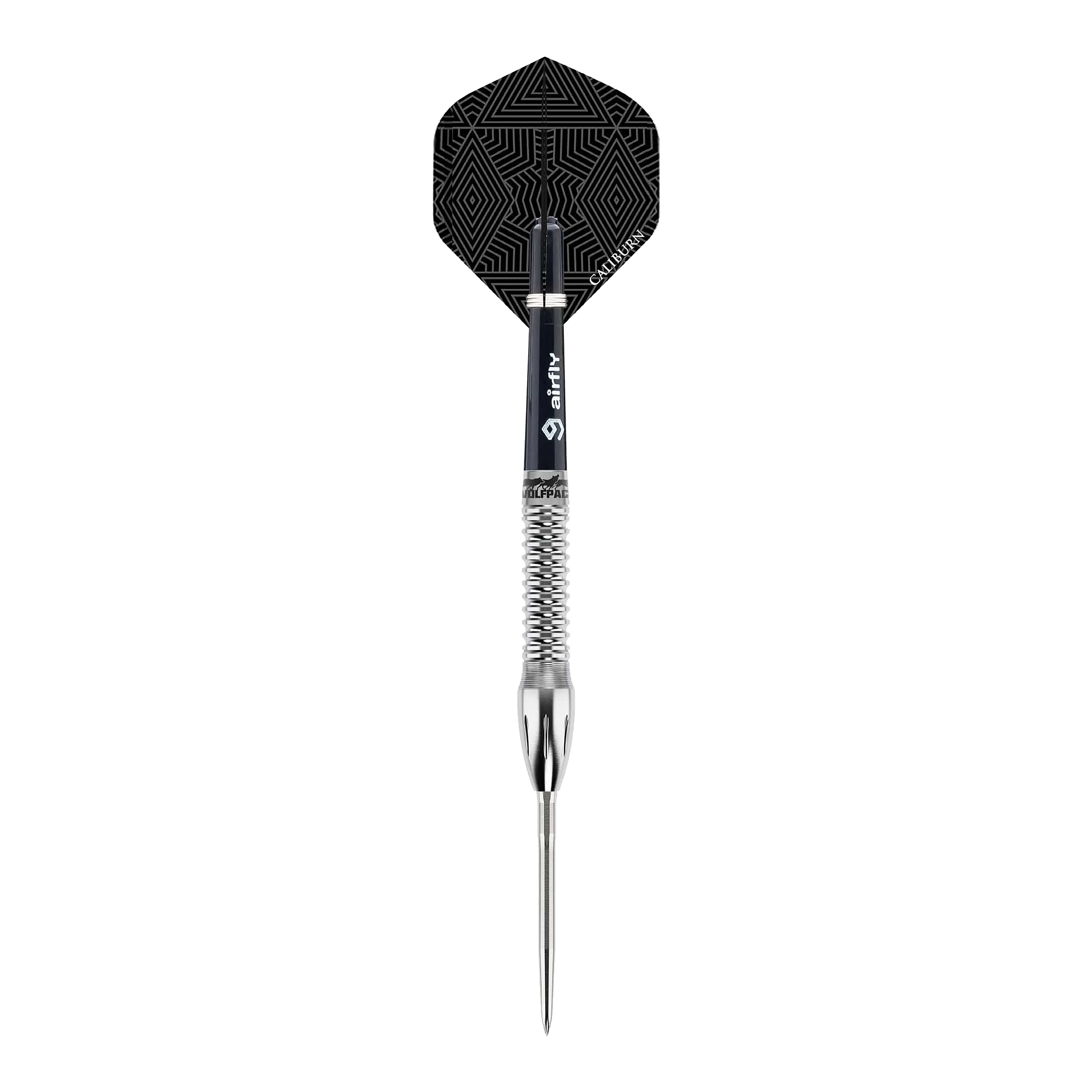 Caliburn Wolfpack W4 Steeldarts - 20g Das Bild zeigt einen Caliburn Wolfpack W4 Steeldart mit einem Gewicht von 20g. Der Dart hat ein silbernes Griffstück und einen schwarz gemusterten Flight.