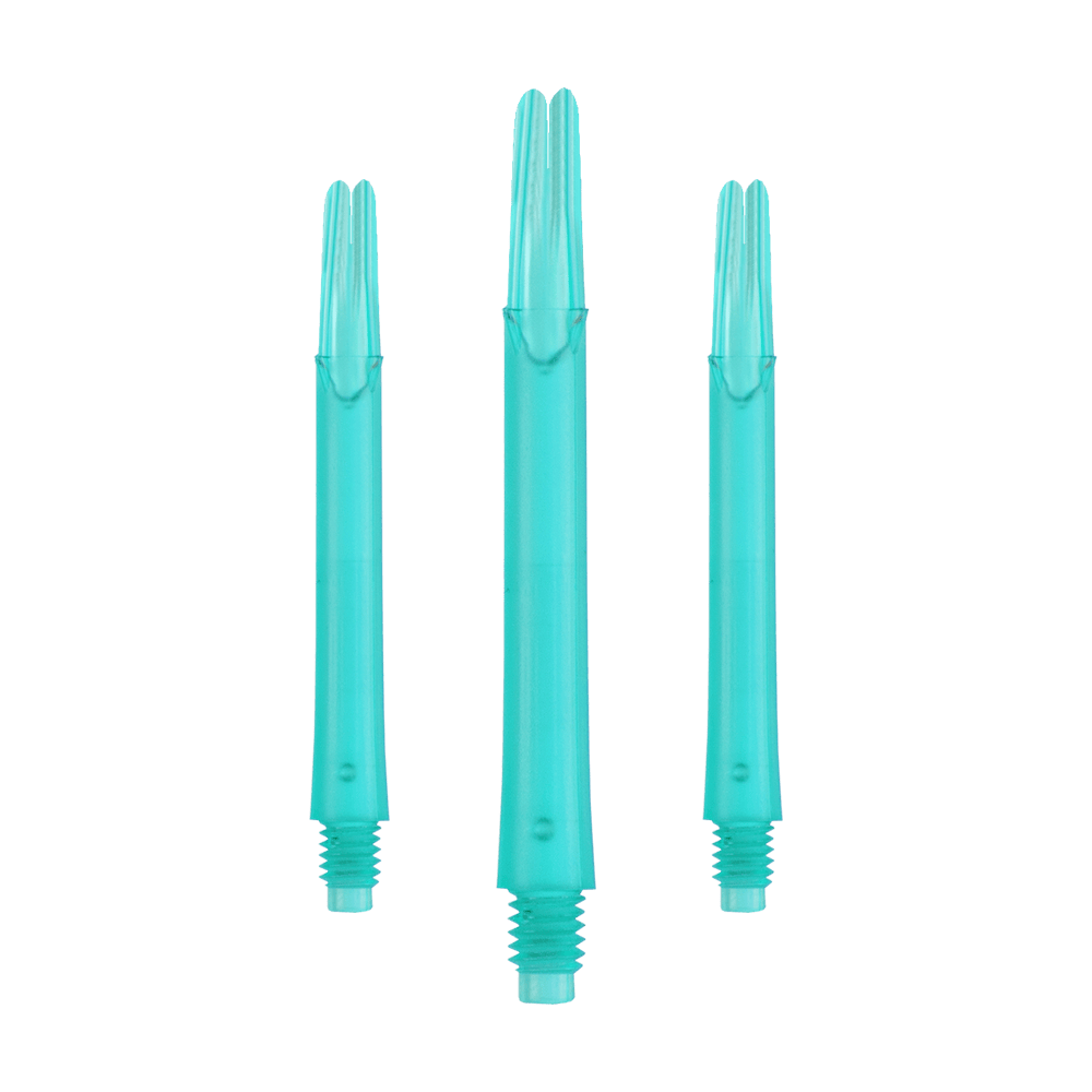 L-Style L-Shafts Locked Straight - Emerald 330 Das Bild zeigt drei gerade, türkisfarbene Dartschäfte aus Kunststoff. Sie sind ohne Kappen und haben am unteren Ende ein Gewinde.