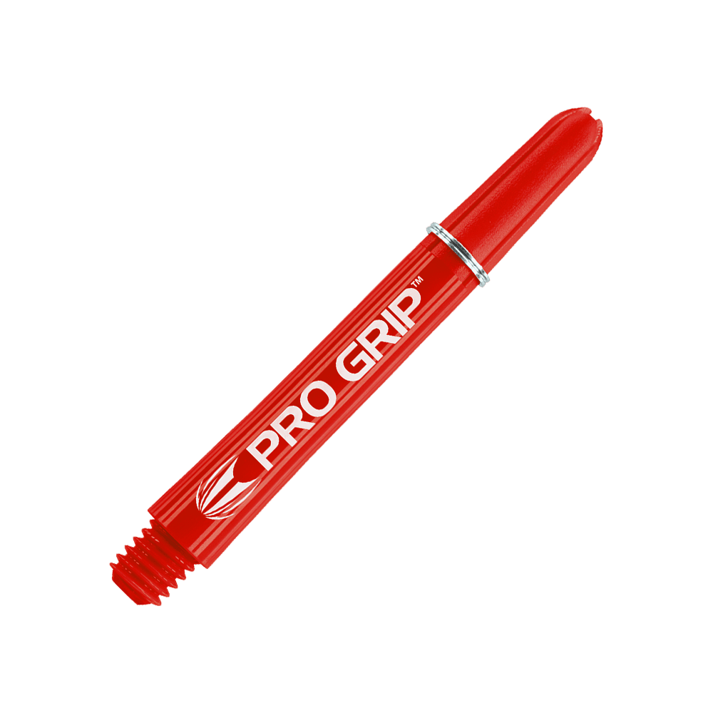 Target Pro Grip Shafts - 3 Sets - Rot Das Bild zeigt einen roten Dartshaft mit der Aufschrift "PRO GRIP". Der Hintergrund ist ebenfalls rot und weist ein Muster aus Linien auf.