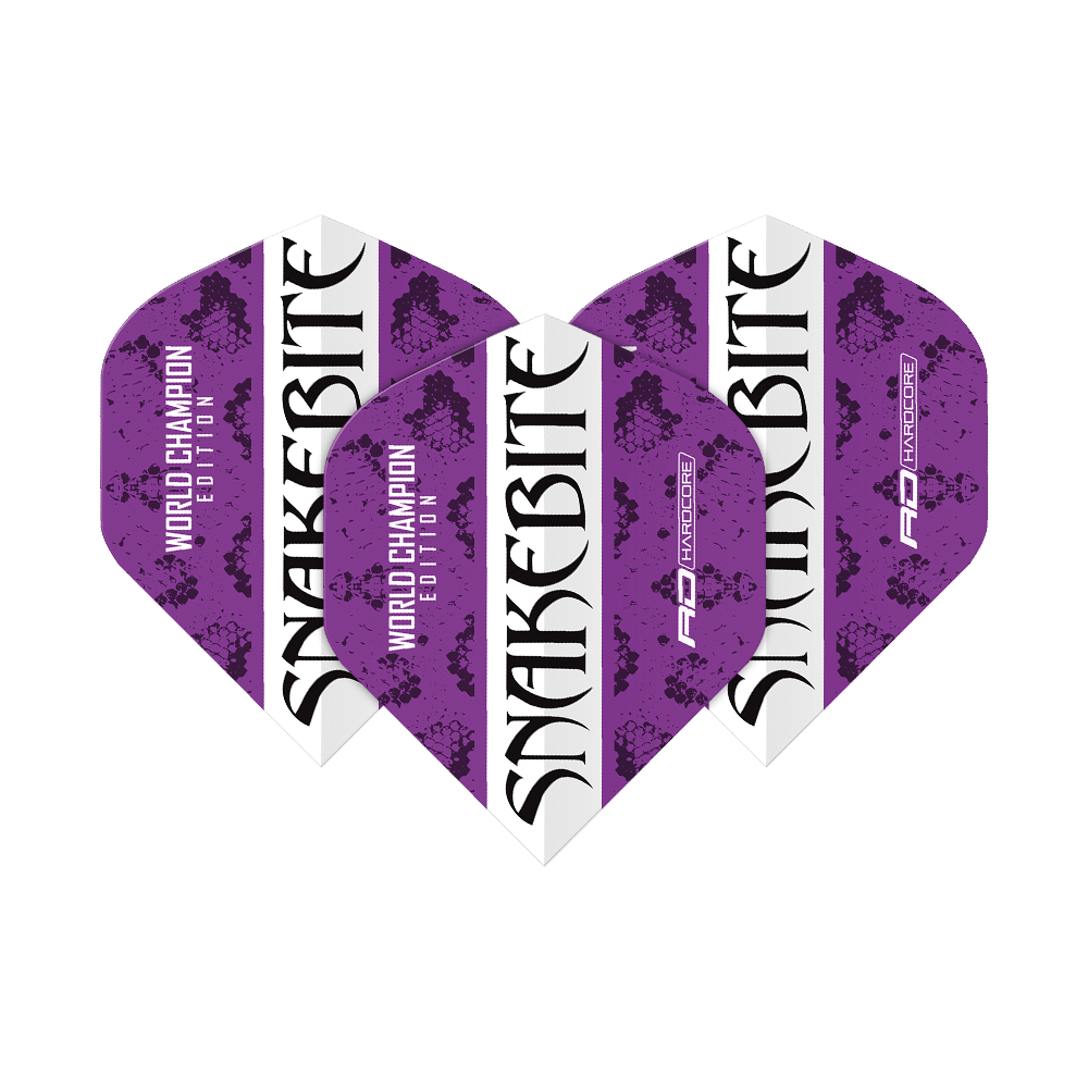 Das Bild zeigt drei Dart-Flights in Lila und Weiß mit der Aufschrift „Snakebite“ und „World Champion Edition“. Die Flights sind ein Produkt von Red Dragon und heißen „Peter Wright World Champion Purple White Flights“.