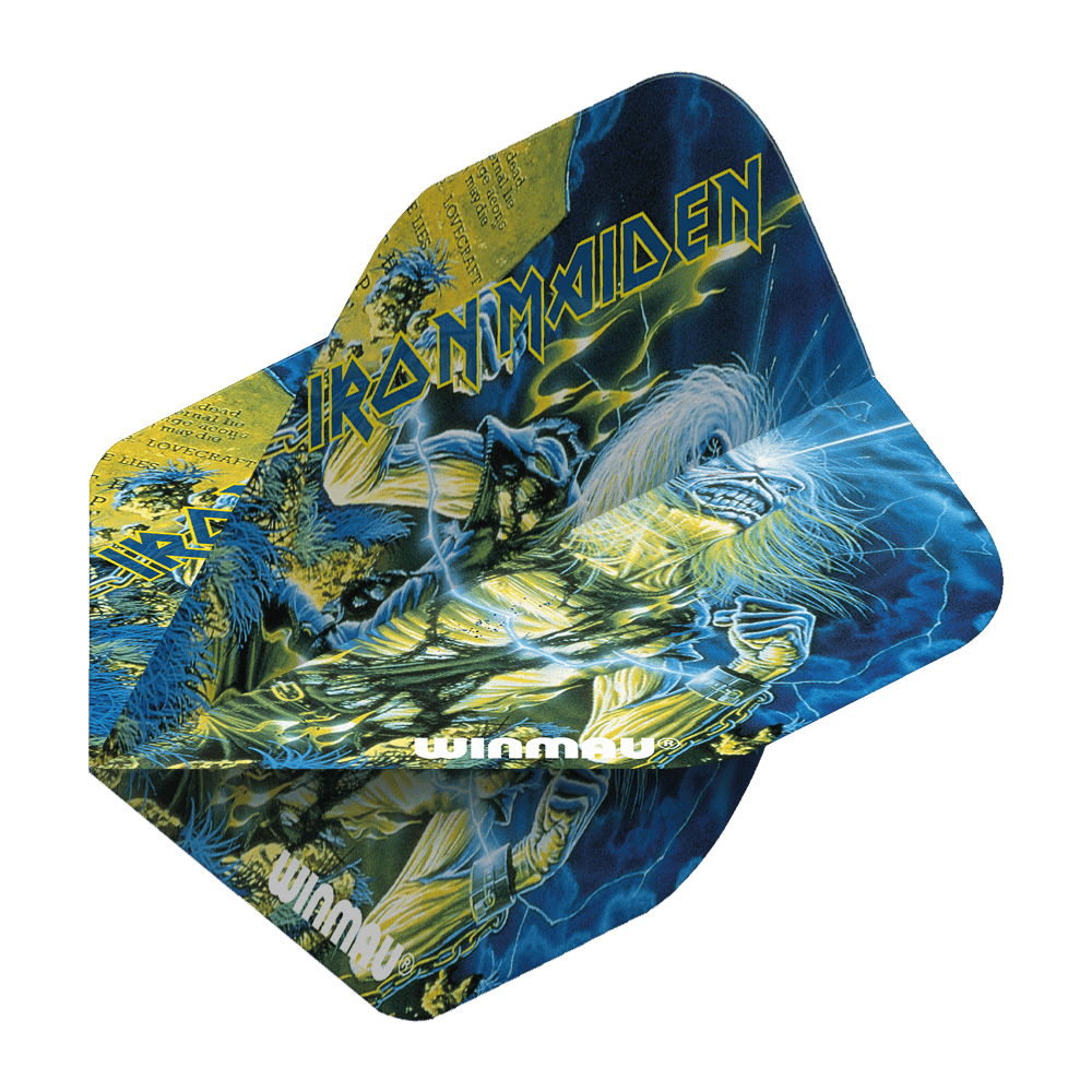 Das Bild zeigt die Winmau Iron Maiden Life After Death Standard Flights mit auffälligem Iron Maiden Coverdesign. Die Flights sind bunt gestaltet und tragen das Winmau-Logo.