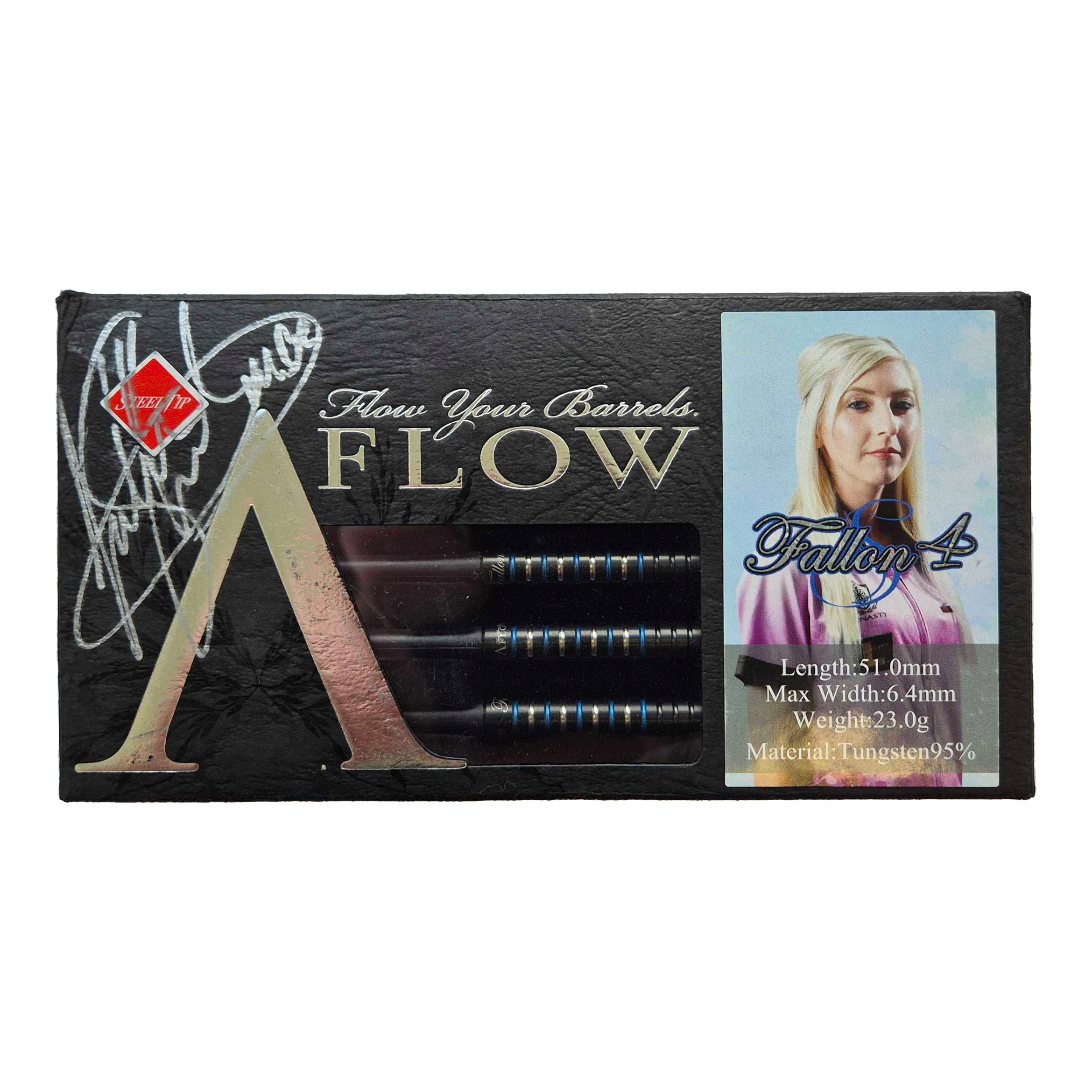 Auf dem Bild ist eine Packung Dynasty Fallon Sherrock 4 S AFlow BK Steeldarts mit Autogramm zu sehen. Auf der Verpackung sind die Darts, ein Bild von Fallon Sherrock und die technischen Daten abgebildet.