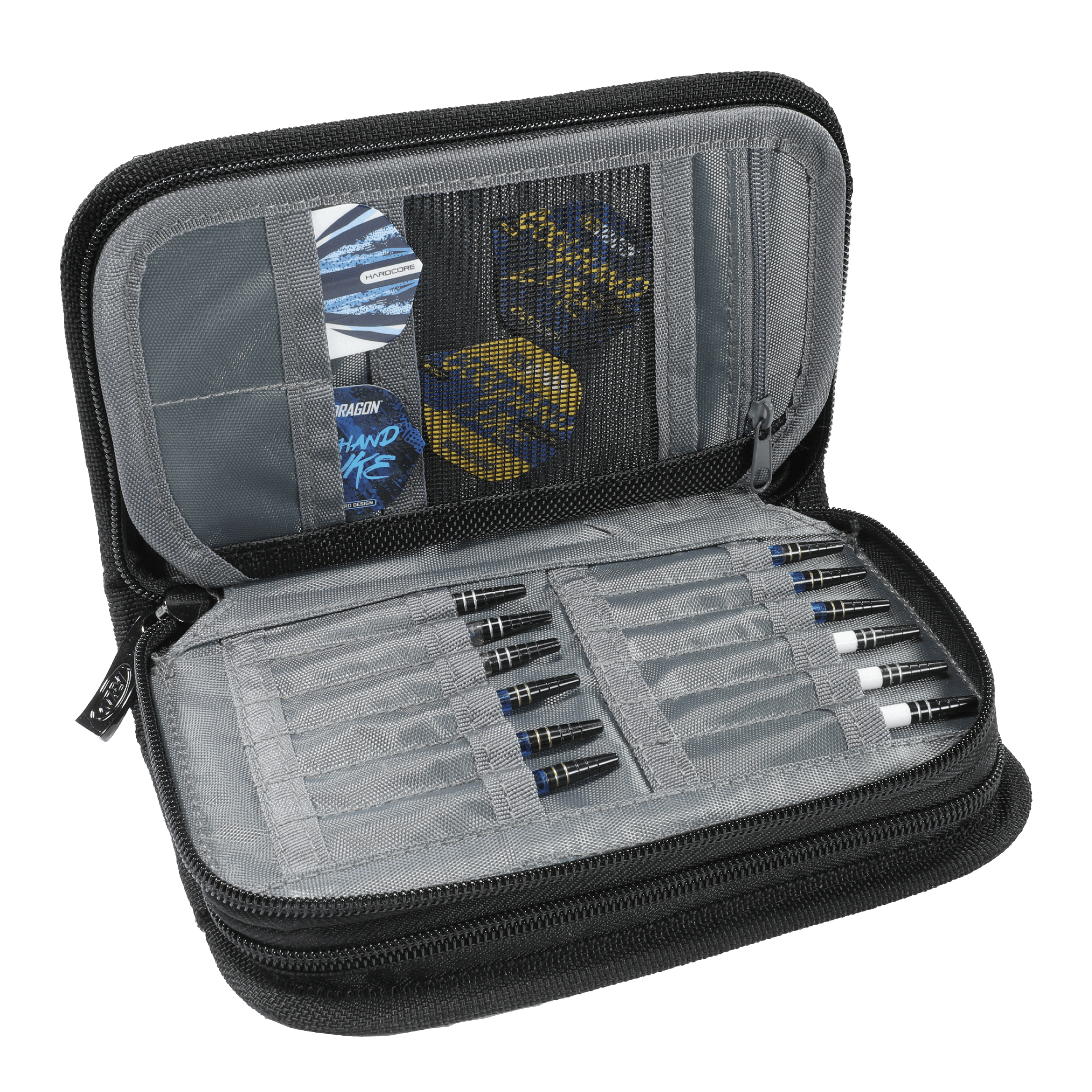 Das Bild zeigt das geöffnete Dartwallet „Red Dragon Luke Humphries World Champion Firestone 2“. Im Inneren sind mehrere Dartpfeile und Zubehör ordentlich in Fächern verstaut.