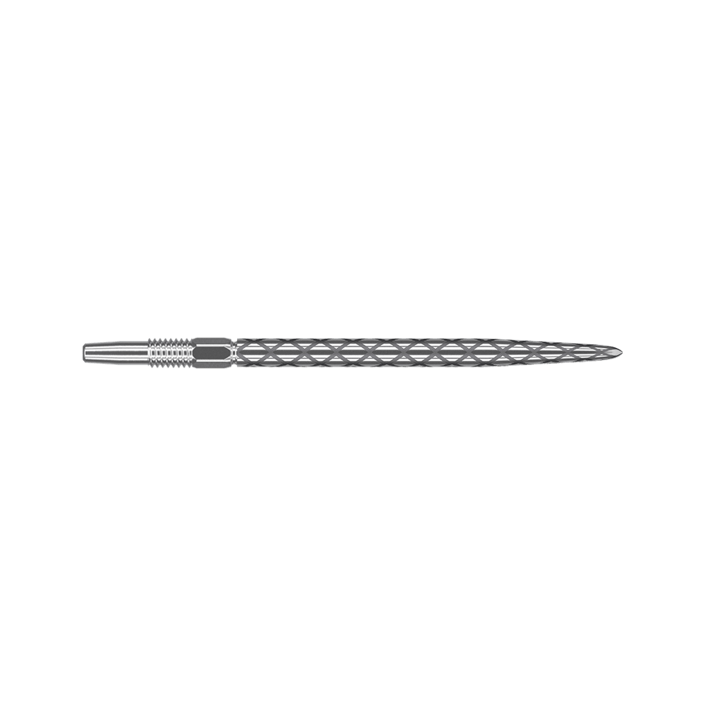 Target Swiss Diamond Pro Silver Points Dartspitzen Das Bild zeigt eine silberne Dartspitze mit einem Rautenmuster entlang des Schafts. Die Spitze ist gerade und hat feine Gravuren zur besseren Griffigkeit.