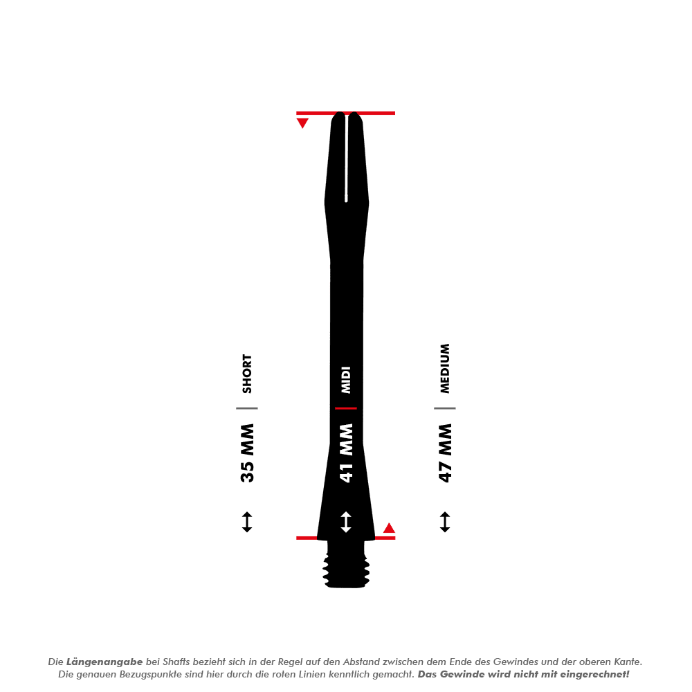 Das Bild zeigt die Harrows Keramic Shafts in Matt-Schwarz mit unterschiedlichen Längen. Die Längenangaben sind 35 mm (Short), 41 mm (Midi) und 47 mm (Medium).