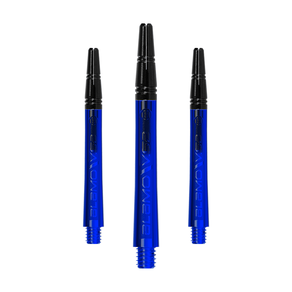 Auf dem Bild sind drei blaue Dartschäfte mit schwarzem oberen Teil zu sehen. Sie sind nebeneinander auf weißem Hintergrund angeordnet.