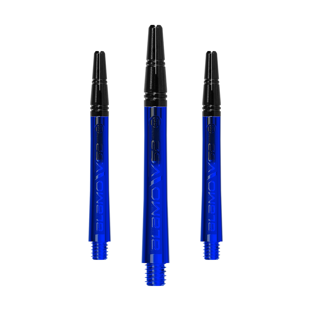 Harrows Alamo VS2 Shafts - Blau Auf dem Bild sind drei blaue Dartschäfte mit schwarzem oberen Teil zu sehen. Sie sind nebeneinander auf weißem Hintergrund angeordnet.