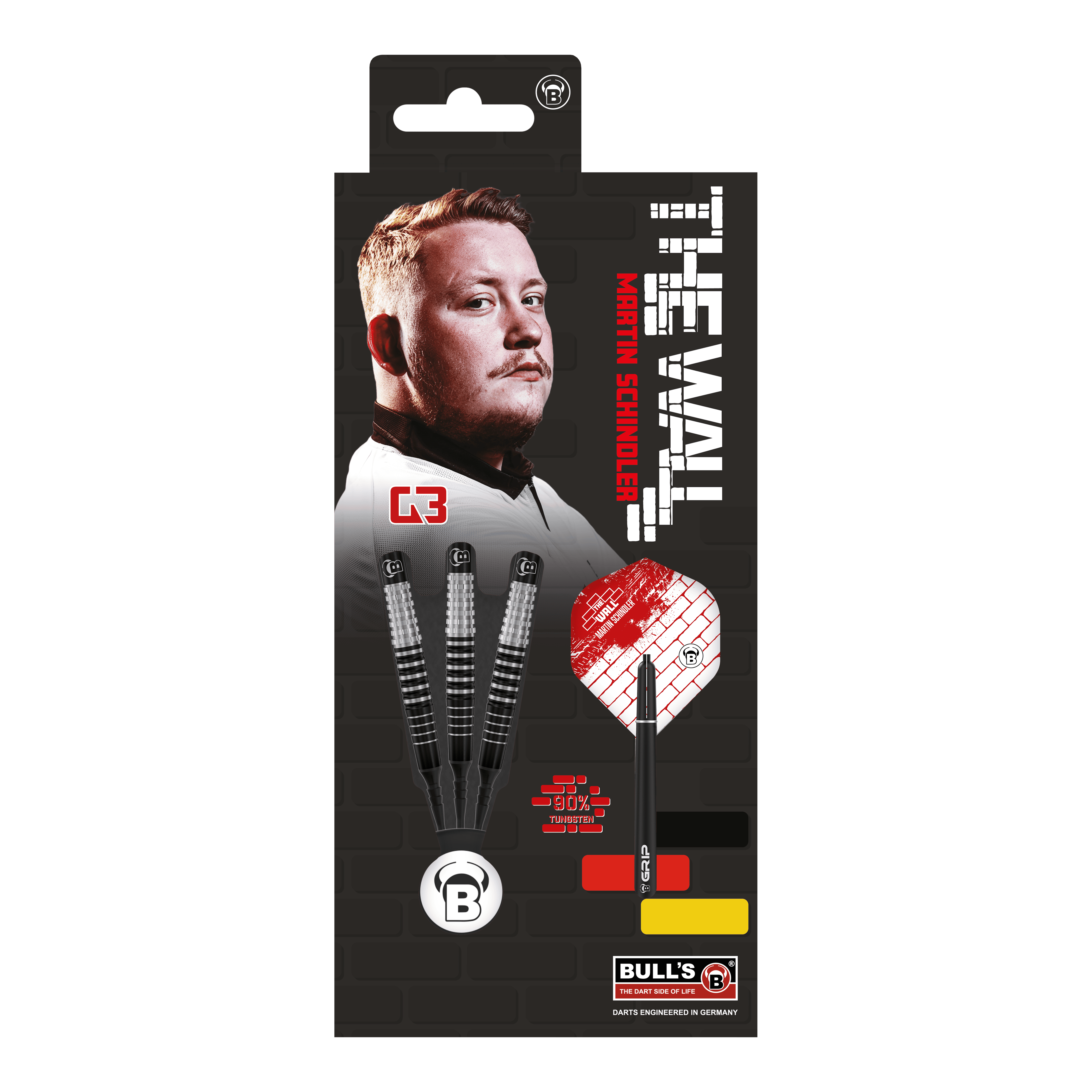 Das Bild zeigt die Verpackung der "Bulls Martin Schindler Original Generation 3 Softdarts". Auf der Verpackung ist ein Porträt von Martin Schindler sowie drei Softdarts und das Logo von Bull's abgebildet.