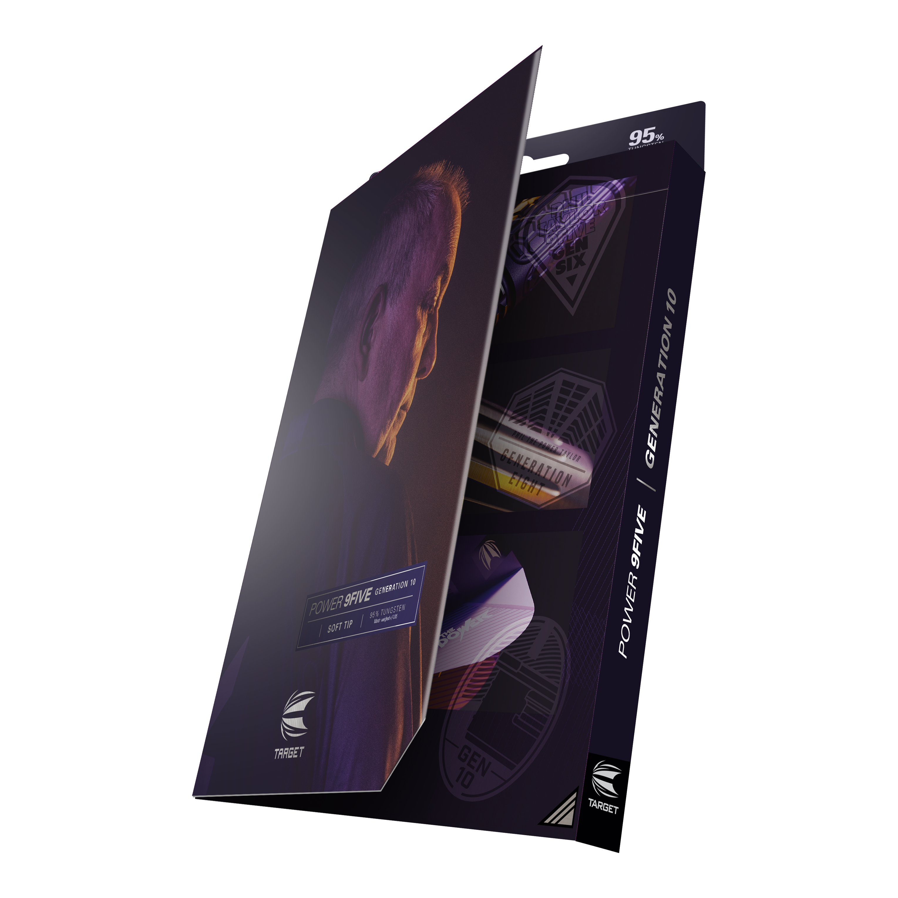 Target Phil Taylor Power 9Five GEN10 Softdarts Die Abbildung zeigt die Verpackung der "Target Phil Taylor Power 9Five GEN10 Softdarts". Auf der Vorderseite ist ein Porträtfoto sowie der Produktname zu sehen.