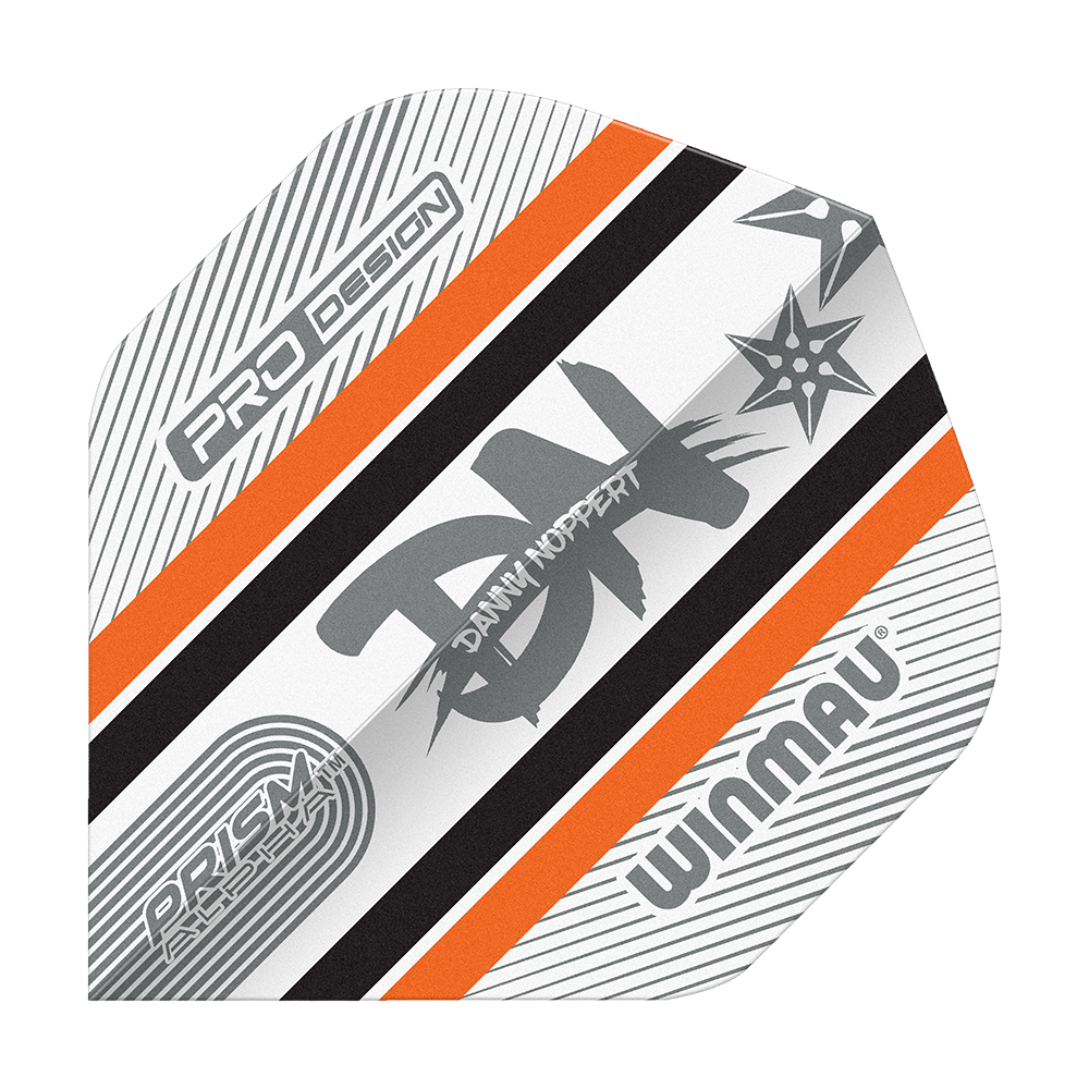 Das Bild zeigt ein Dart-Flight mit dem Namen "Winmau Alpha Danny Noppert 85 Standard Flights". Das Design enthält orange, schwarze und graue Streifen sowie den Namen "Danny Noppert" und das Winmau-Logo.