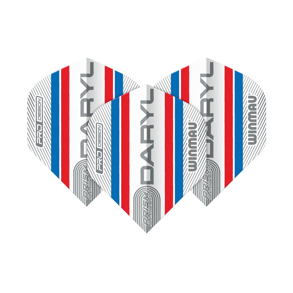 Auf dem Bild sind drei Dart-Flights des Modells "Winmau Alpha Daryl Gurney 85 Standard Flights" zu sehen. Sie sind weiß mit roten und blauen Streifen und tragen die Aufschrift "DARYL" und "WINMAU".