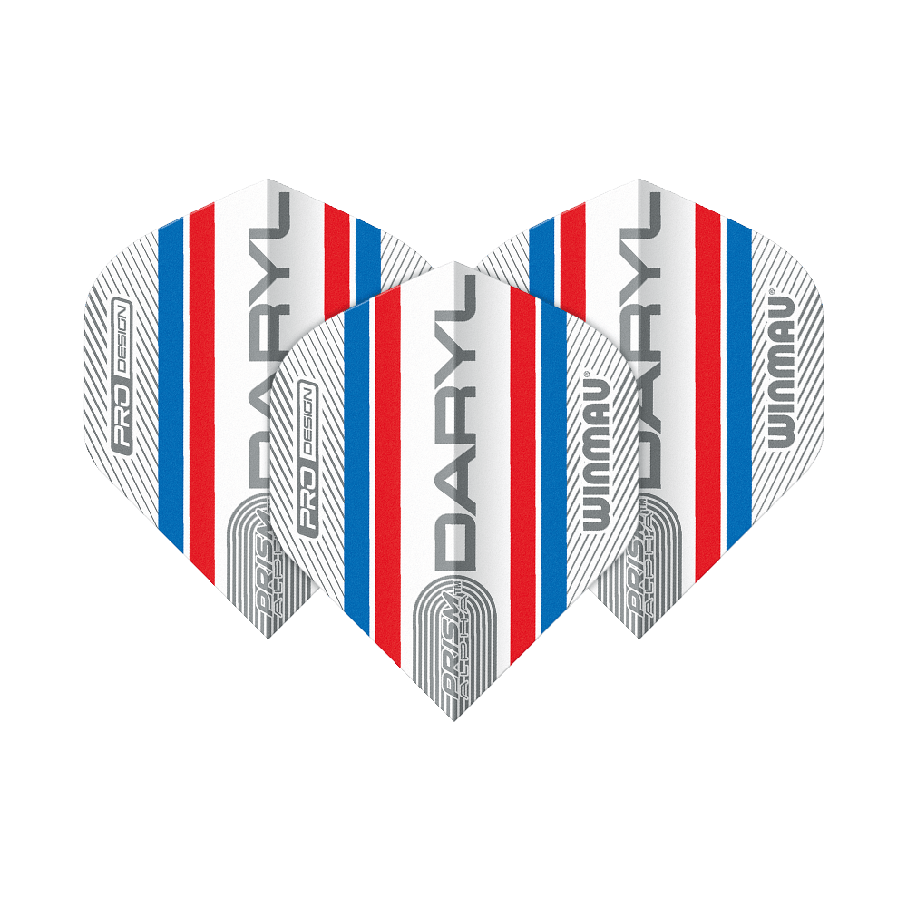 Winmau Alpha Daryl Gurney Gurney 85 Standard Flights Auf dem Bild sind drei Dart-Flights des Modells "Winmau Alpha Daryl Gurney 85 Standard Flights" zu sehen. Sie sind weiß mit roten und blauen Streifen und tragen die Aufschrift "DARYL" und "WINMAU".