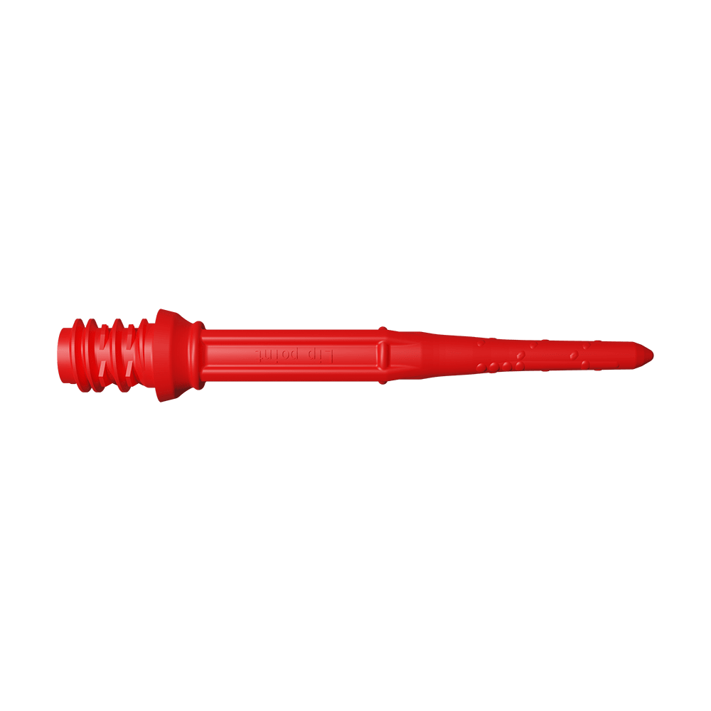 Das Bild zeigt eine rote Softdartspitze. Sie ist lang, schmal und hat kleine Einkerbungen zur besseren Haftung.