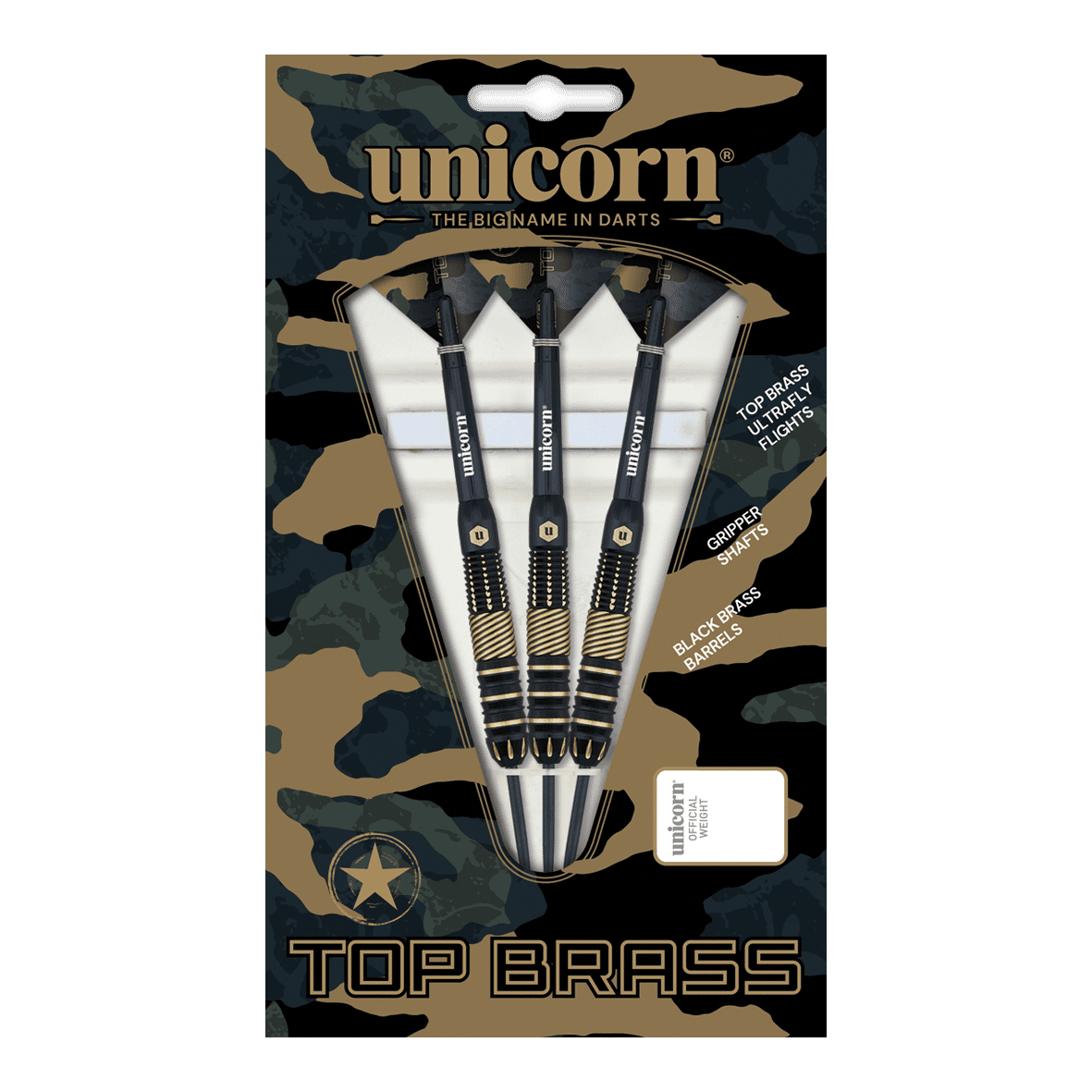 Das Bild zeigt die "Unicorn Top Brass V2 Steeldarts - 19g" in einer Verpackung mit Tarnmuster. In der Packung sind drei schwarze Steeldarts mit goldfarbenen Akzenten zu sehen.