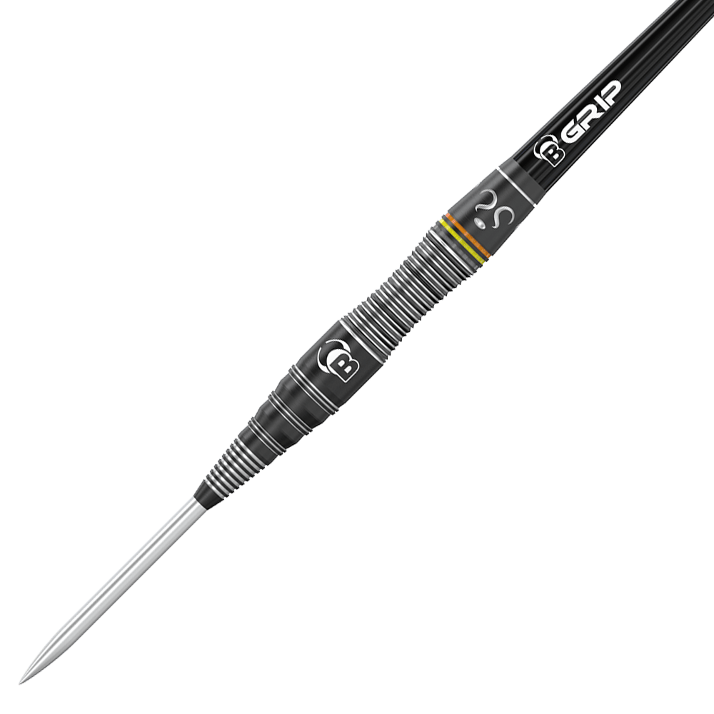 Bulls Brian Raman The Riddler Steeldarts Das Bild zeigt einen schwarzen Steeldart mit silbernen Rillen und einem spitzen Metallende. Auf dem Dart sind die Schriftzüge "B GRIP" und ein Fragezeichen zu sehen.