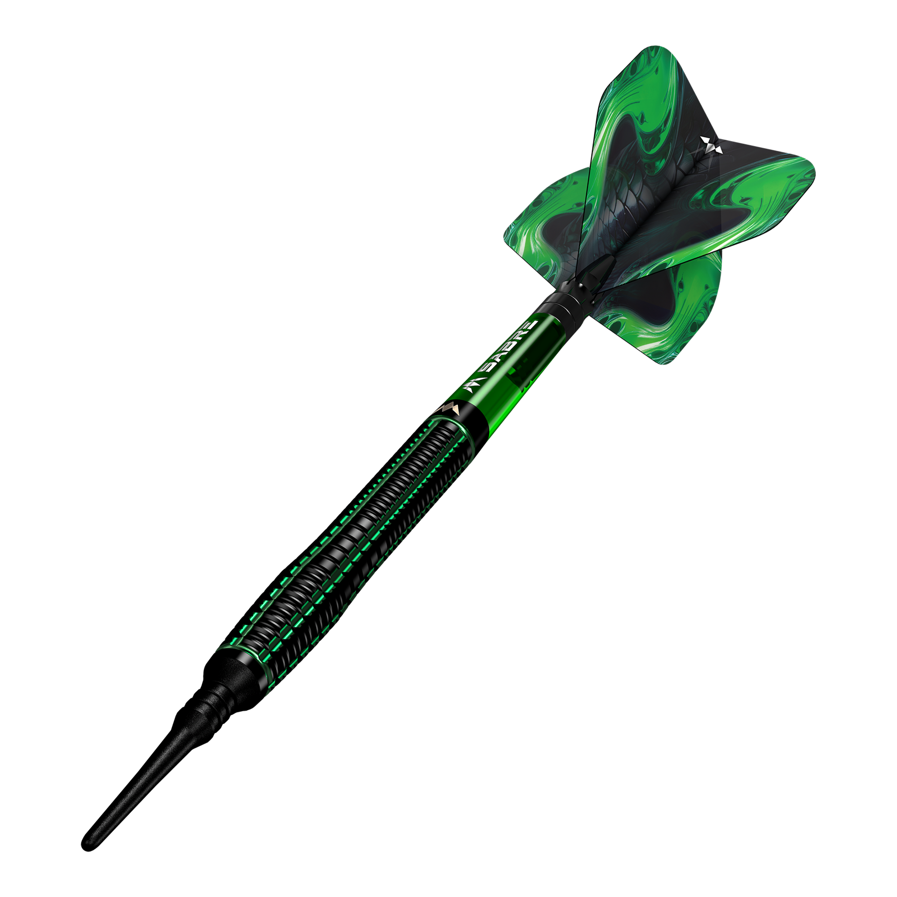 Mission Venom Softdarts - 20g Das Bild zeigt einen Mission Venom Softdart mit einem Gewicht von 20g. Der Dart ist schwarz und grün gestaltet und hat ein auffälliges Design am Flight.