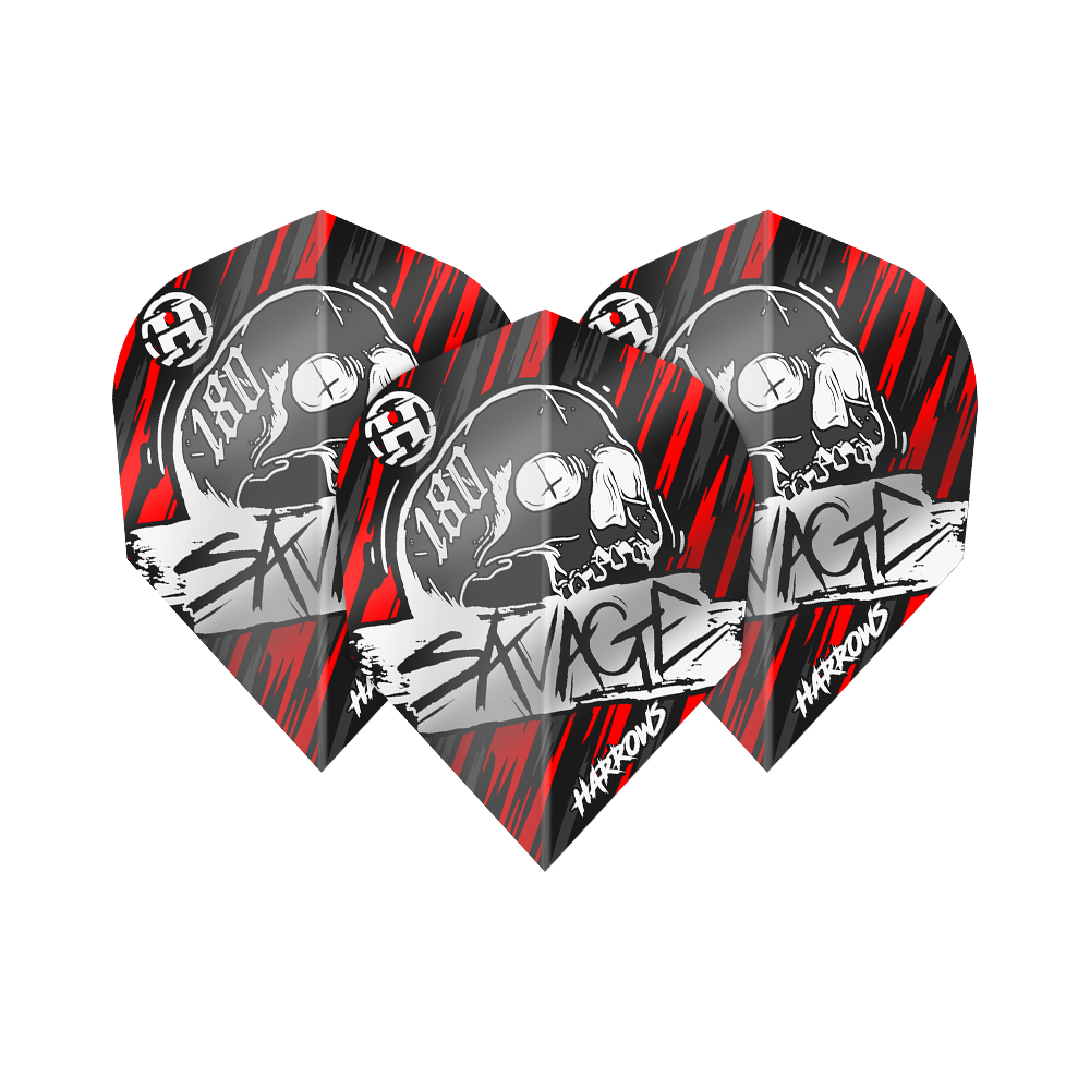 Harrows Savage Red Silver No6 Flights Das Bild zeigt die Harrows Savage Red Silver No6 Flights mit einem auffälligen Totenkopf-Design. Die Flights sind in den Farben Rot, Schwarz und Silber gehalten und tragen den Schriftzug „Savage“.