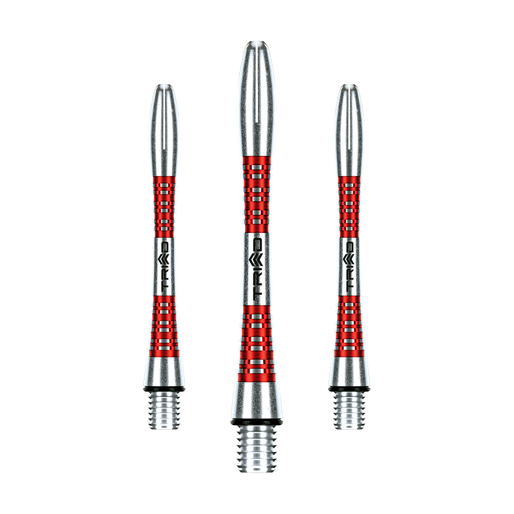 Das Bild zeigt drei Winmau Triad Aluminium Shafts in der Farbe Rot. Die Shafts haben ein silber-rotes Design und sind für Dartpfeile geeignet.